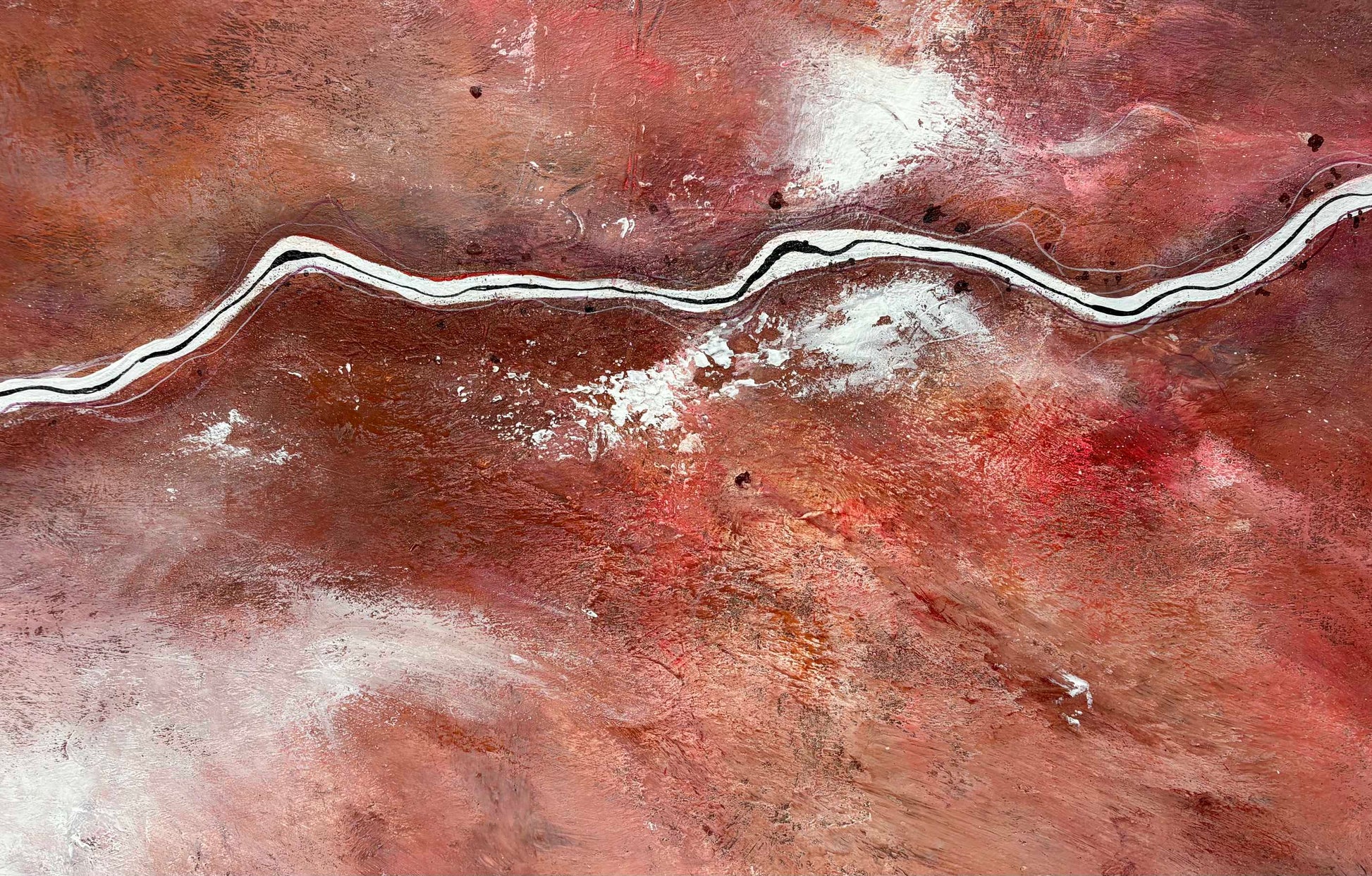 Detail of layers, texture on The Quiet Divide is an acrylic on canvas abstract aerial landscape by Australian artist Tania Chanter, 180x180cm.