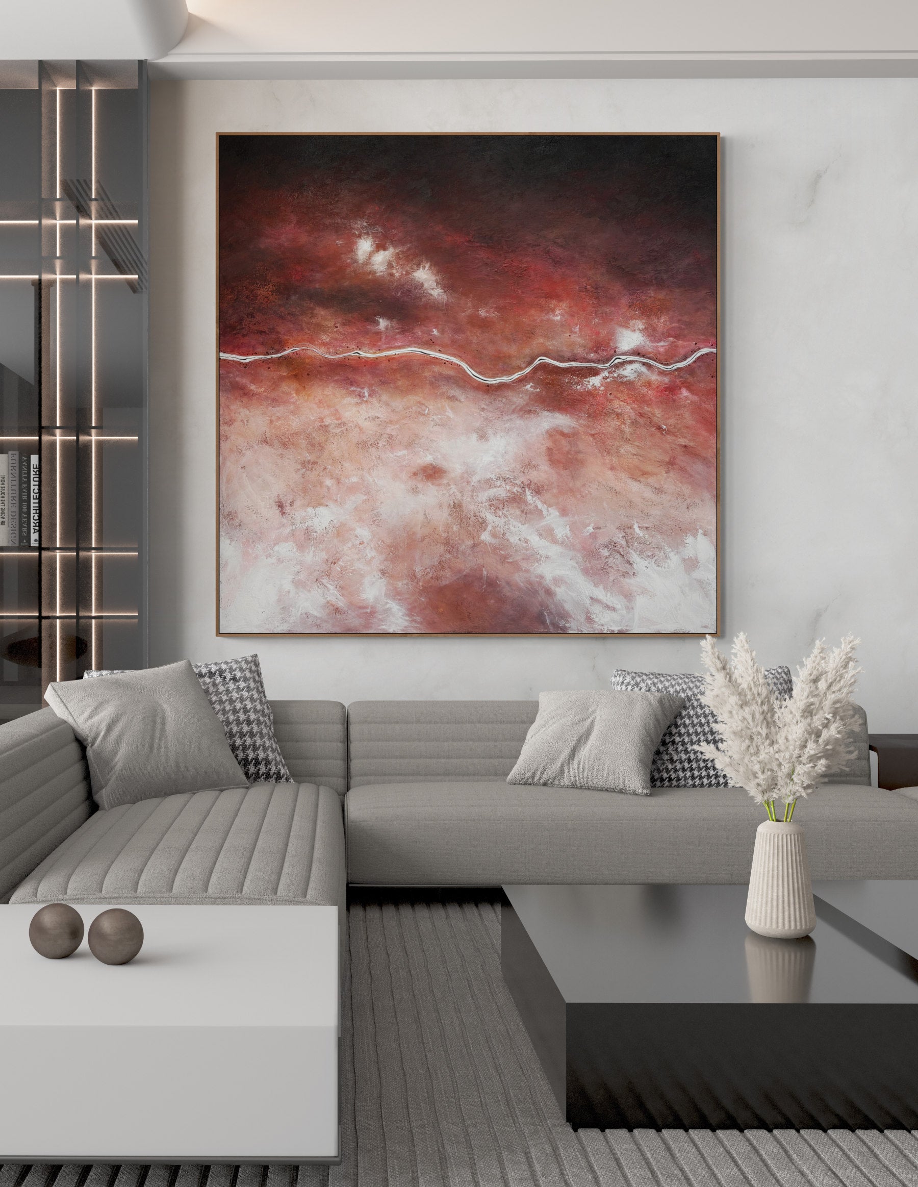 The Quiet Divide is an acrylic on canvas abstract aerial landscape by Australian artist Tania Chanter, 180x180cm.