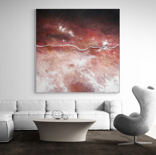 The Quiet Divide is an acrylic on canvas abstract aerial landscape by Australian artist Tania Chanter, 180x180cm.