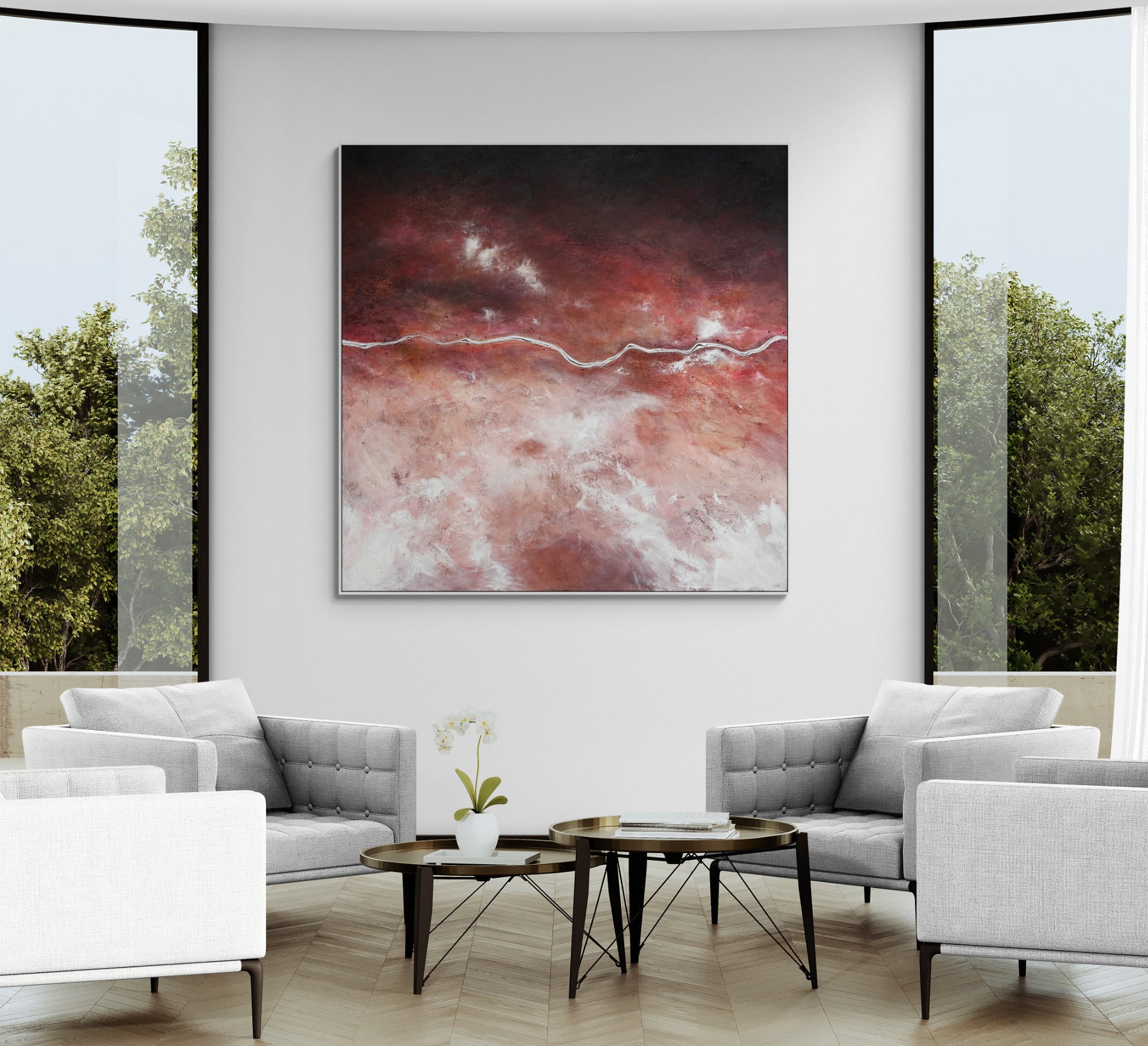 The Quiet Divide is an acrylic on canvas abstract aerial landscape by Australian artist Tania Chanter, 180x180cm.