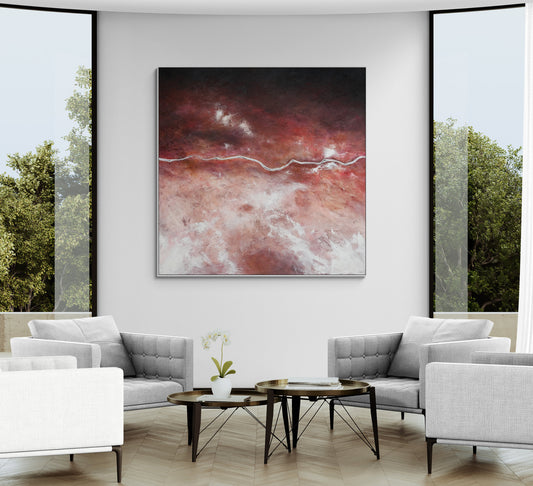 The Quiet Divide is an acrylic on canvas abstract aerial landscape by Australian artist Tania Chanter, 180x180cm.