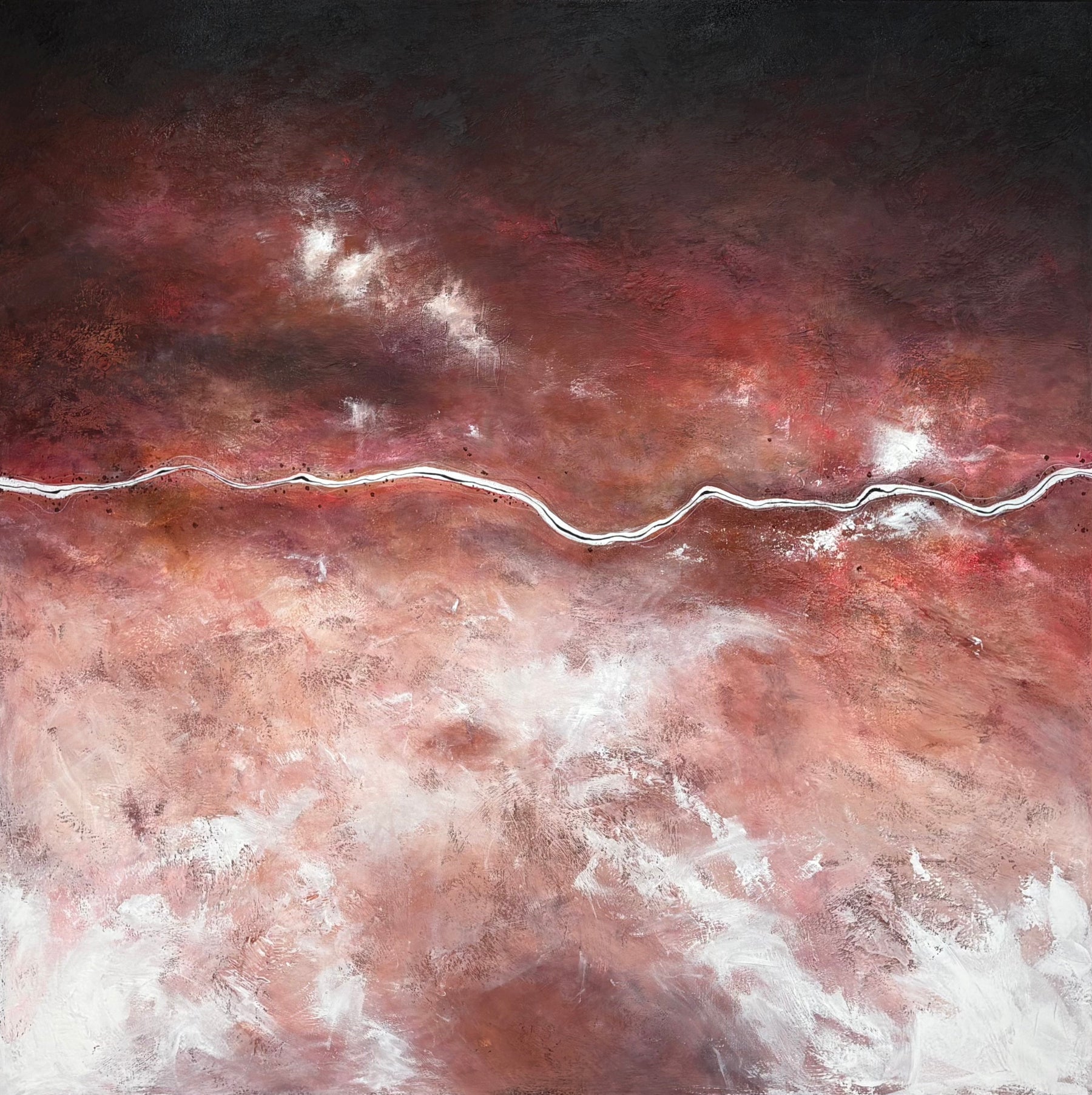 The Quiet Divide is an acrylic on canvas abstract aerial landscape by Australian artist Tania Chanter, 180x180cm.