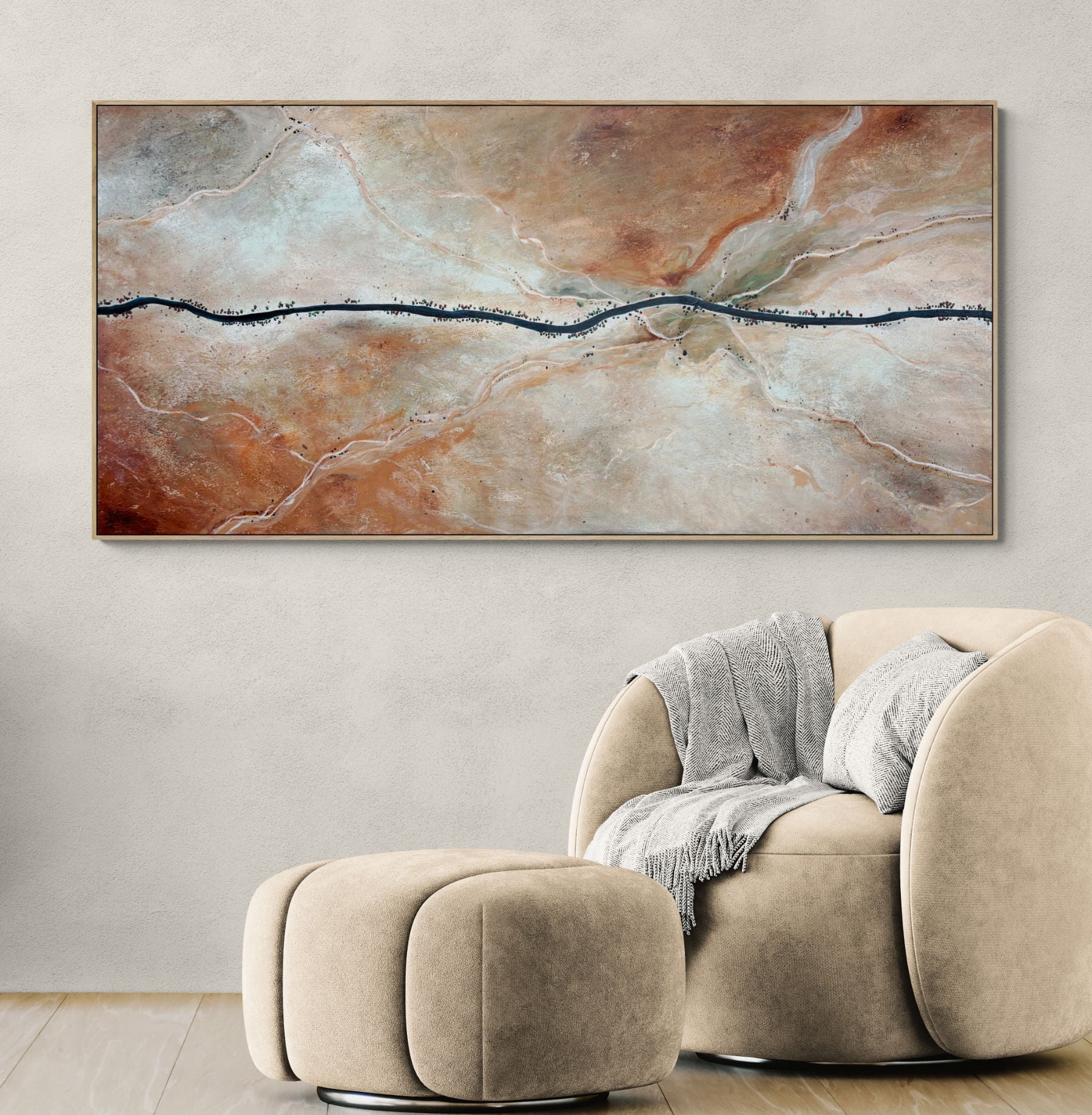 The Quiet Way Home by Australian artist Tania Chanter, 190x90cm, acrylic on canvas, textured abstract aerial landscape in neutrals.