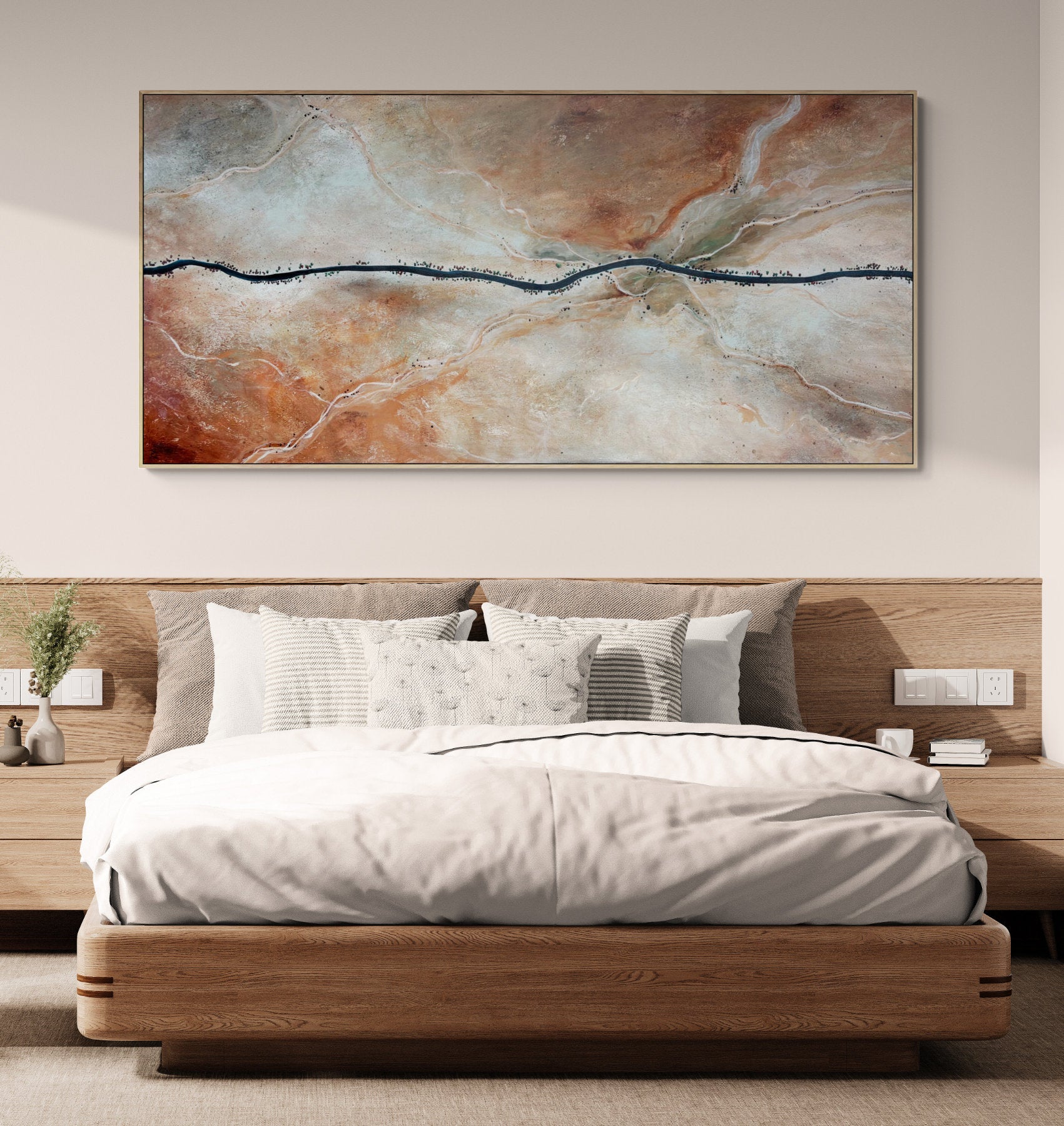 The Quiet Way Home by Australian artist Tania Chanter, 190x90cm, acrylic on canvas, textured abstract aerial landscape in neutrals.