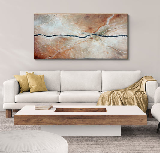 The Quiet Way Home by Australian artist Tania Chanter, 190x90cm, acrylic on canvas, textured abstract aerial landscape in neutrals.