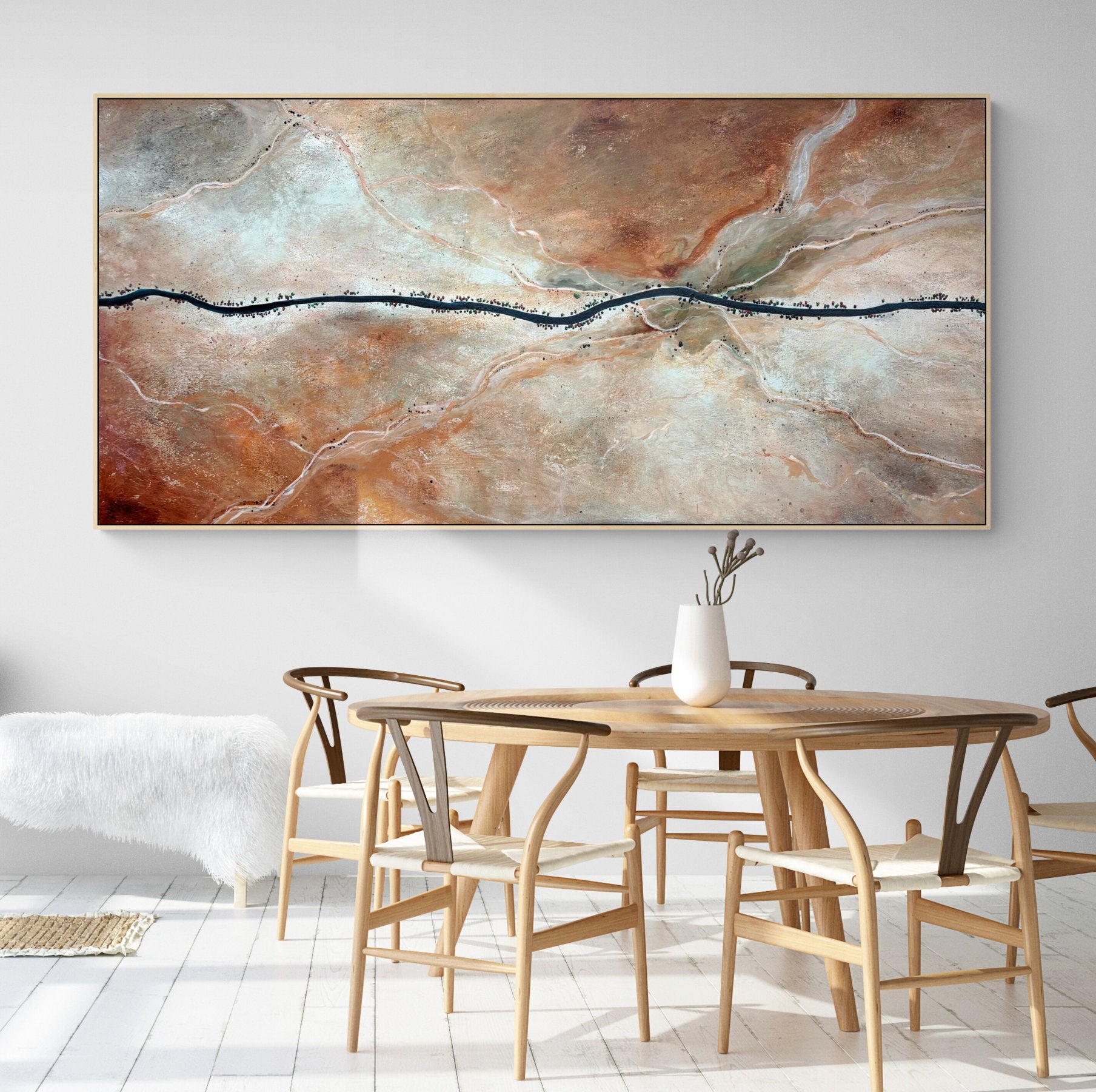 The Quiet Way Home by Australian artist Tania Chanter, 190x90cm, acrylic on canvas, textured abstract aerial landscape in neutrals.