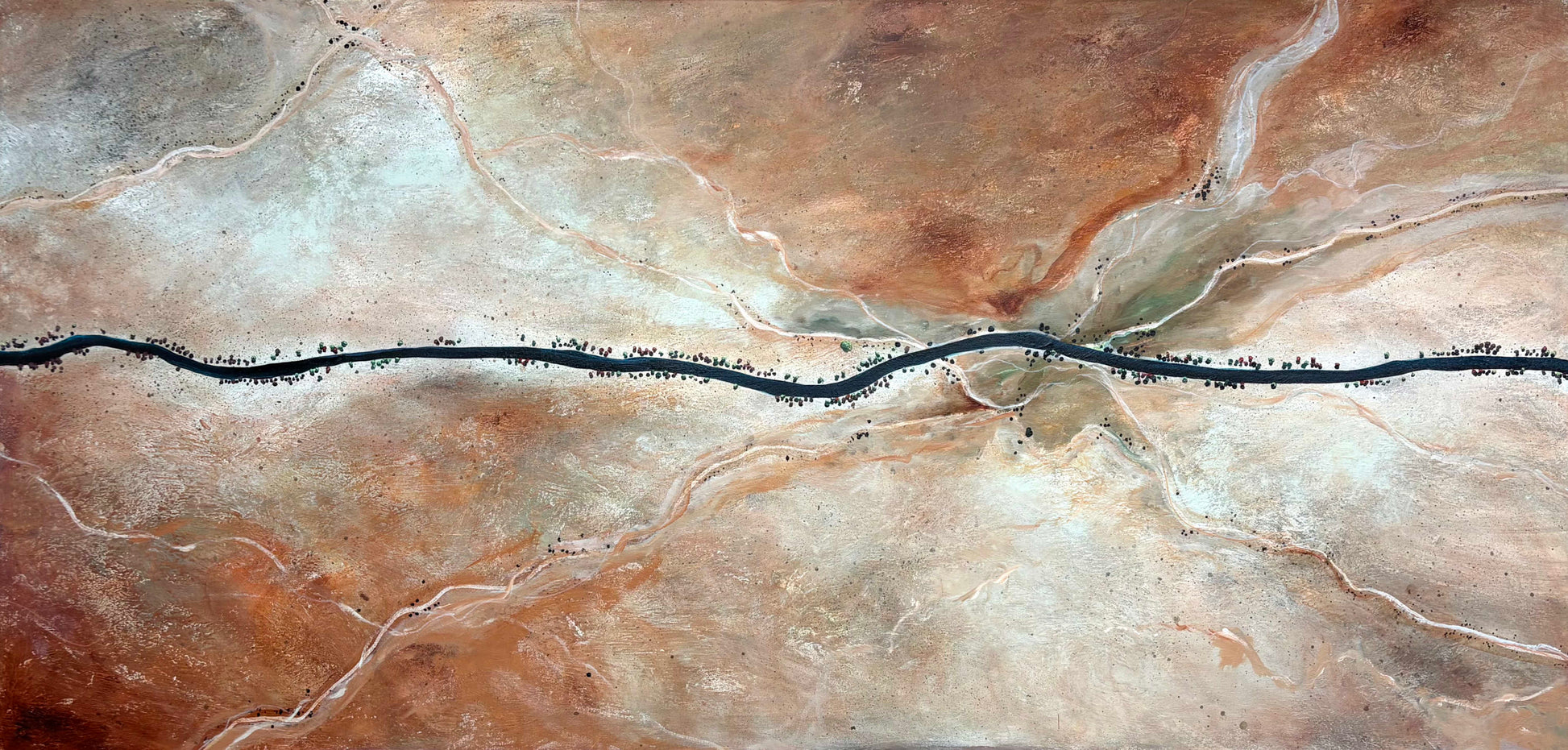 The Quiet Way Home by Australian artist Tania Chanter, 190x90cm, acrylic on canvas, textured abstract aerial landscape in neutrals.