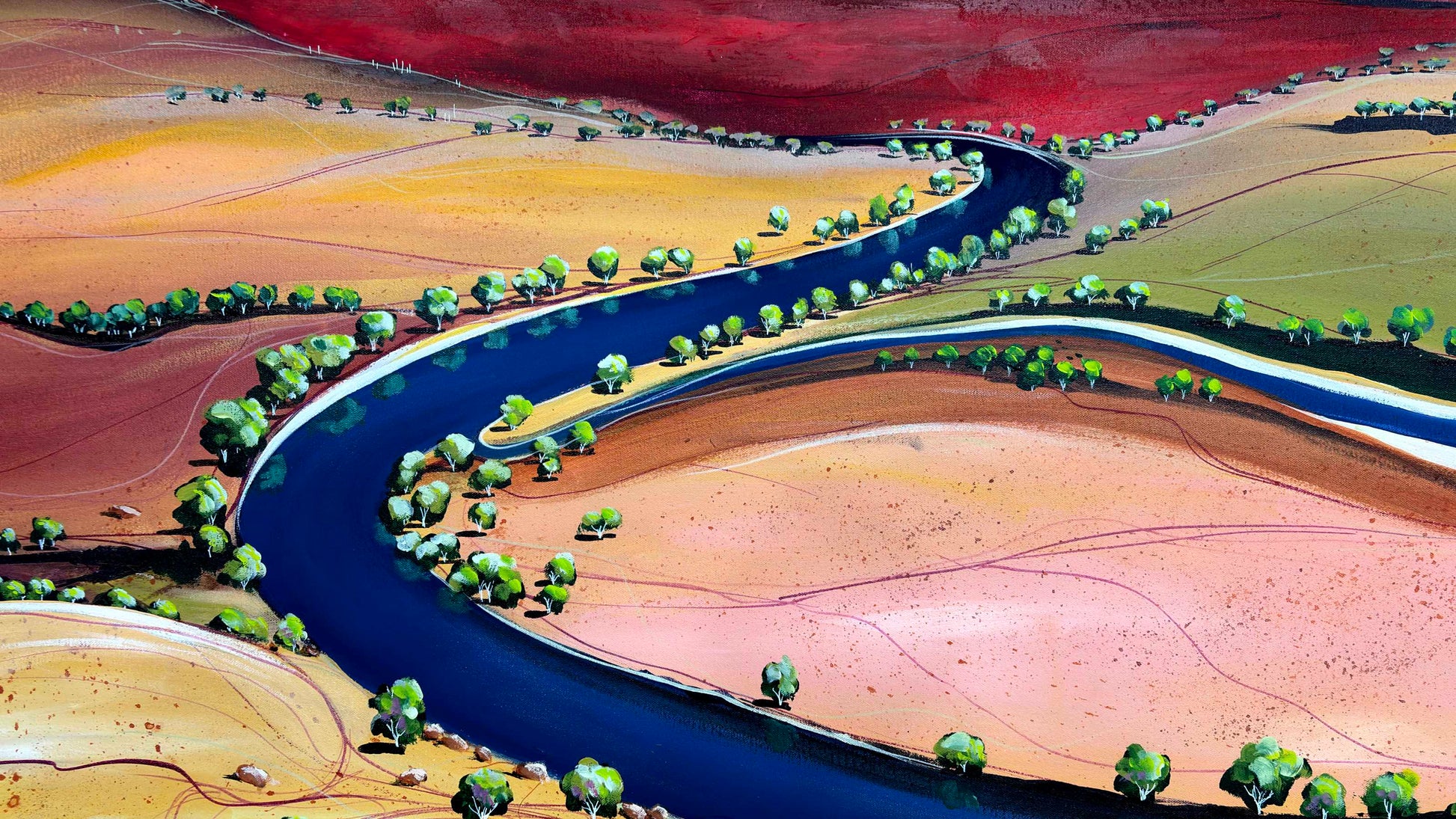 Close up of layers, detail and texture on The River's Gentle Song by Tania Chanter, acrylic on canvas, 100x140cm, abstract landscape.