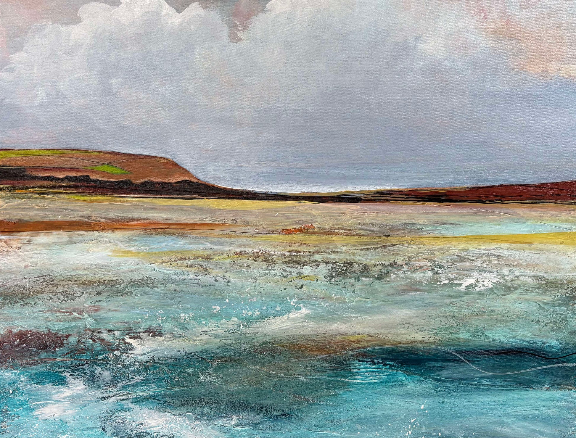 Close up of layers, detail and texture on The Sea On Monday by Australian artist Tania Chanter, 62x112cm, acrylic on canvas, original, abstract seascape painting. 