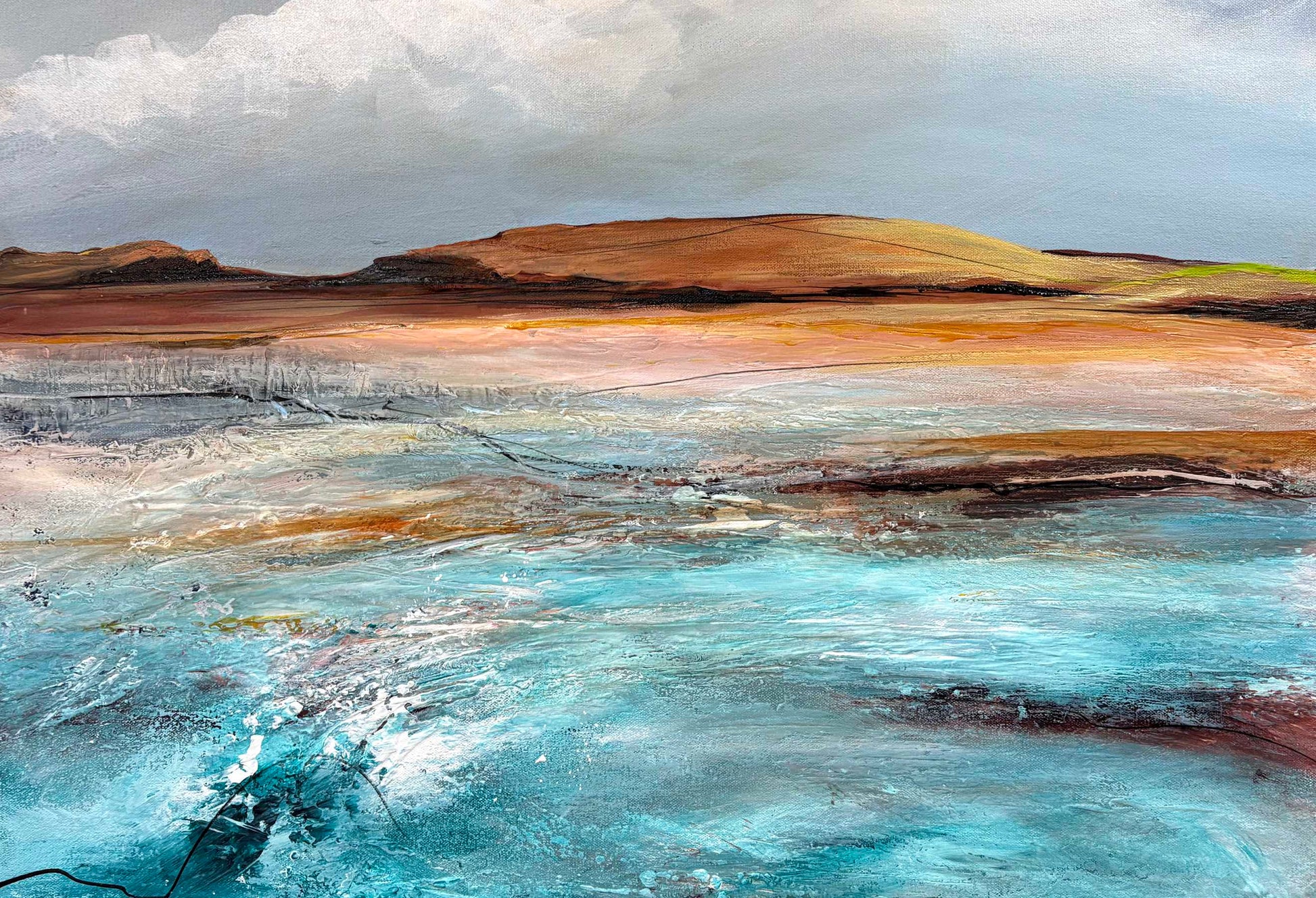 Close up of The Sea On Sunday by Australian artist Tania Chanter, 62x112cm, original, abstract textured seascape, acrylic on canvas. 