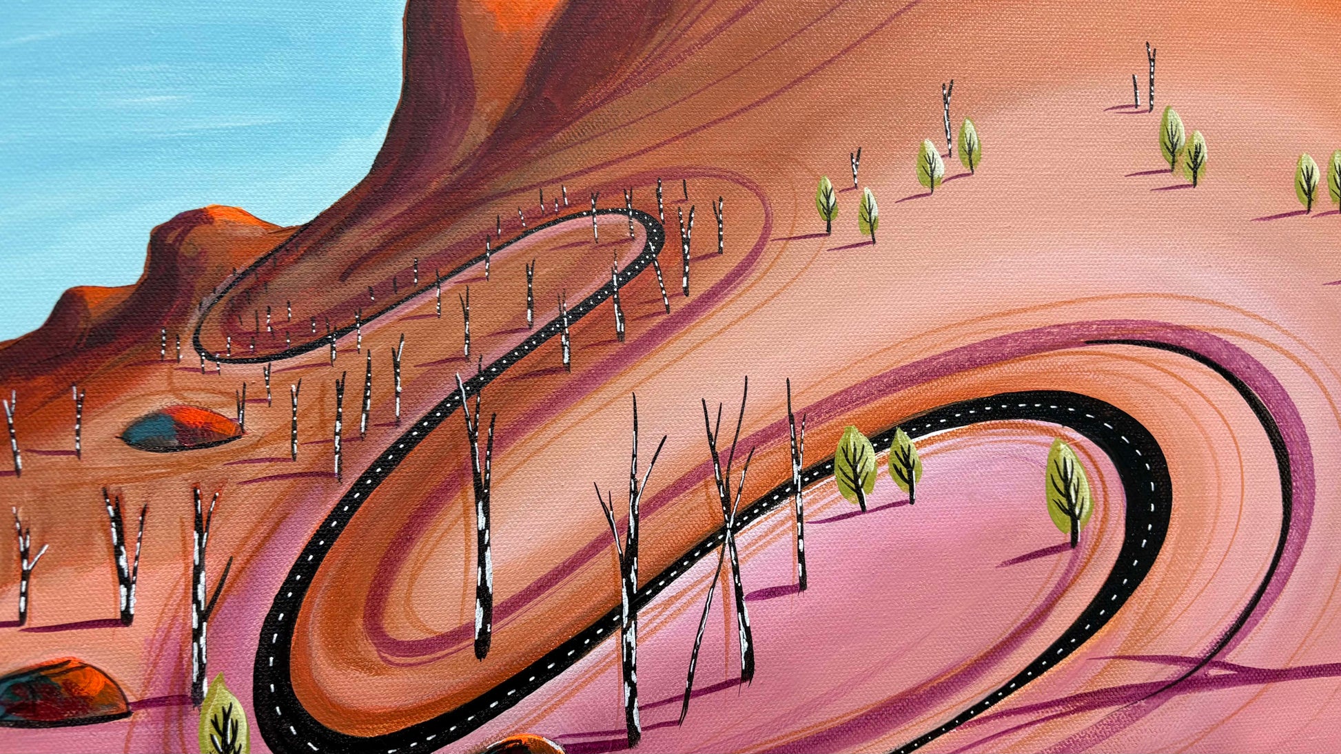 close up of layers, and detail on The Secret Path home by Australian artist Tania Chanter, original, acrylic on canvas, 77x51cm.