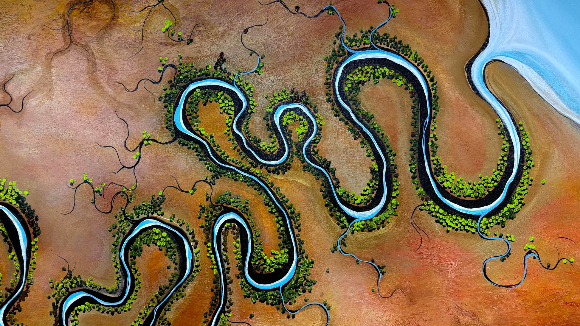 Close up of layers, detail and texture on The Shape of Gentle Distance  by Australian artist Tania Chanter, textured, abstract aerial landscape, original, acrylic on canvas, 180x120cm.