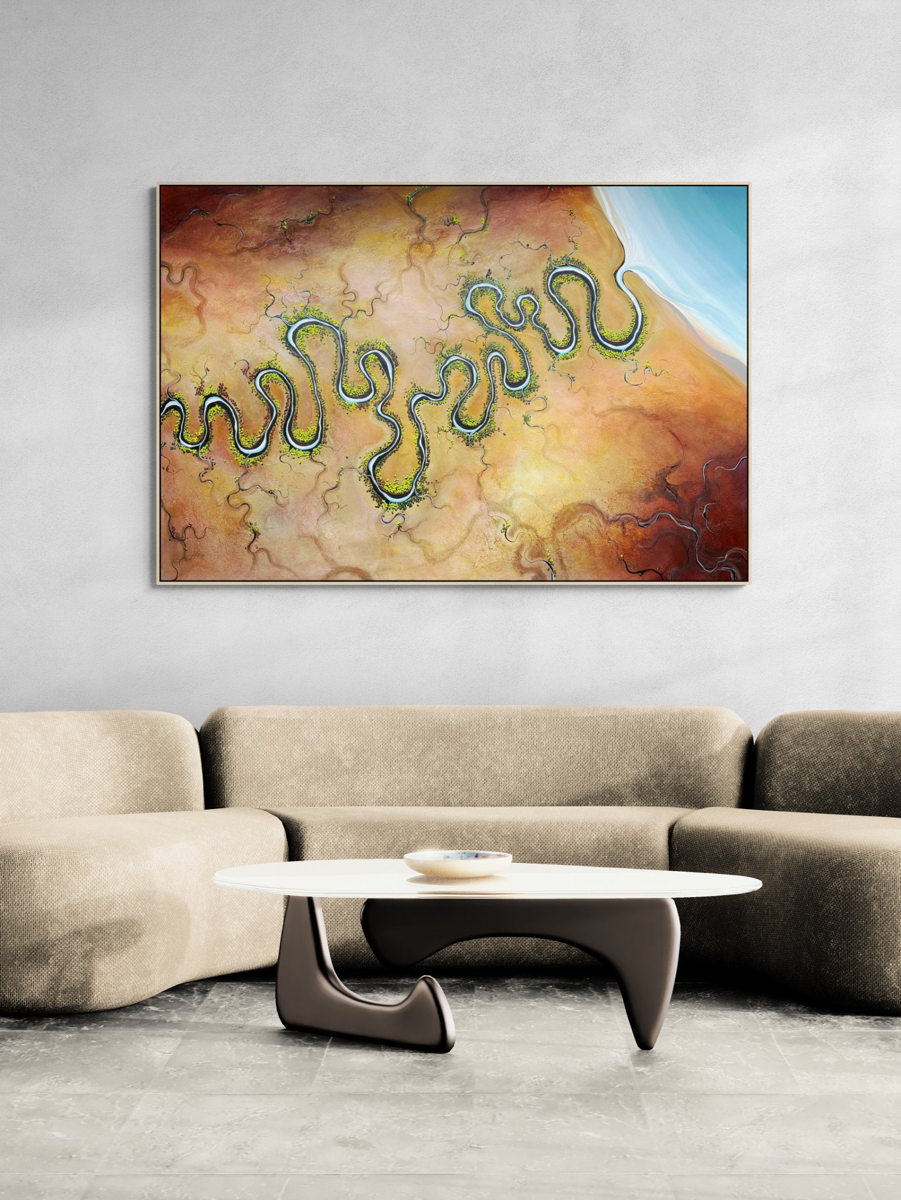 The Shape of Gentle Distance  by Australian artist Tania Chanter, textured, abstract aerial landscape, original, acrylic on canvas, 180x120cm.