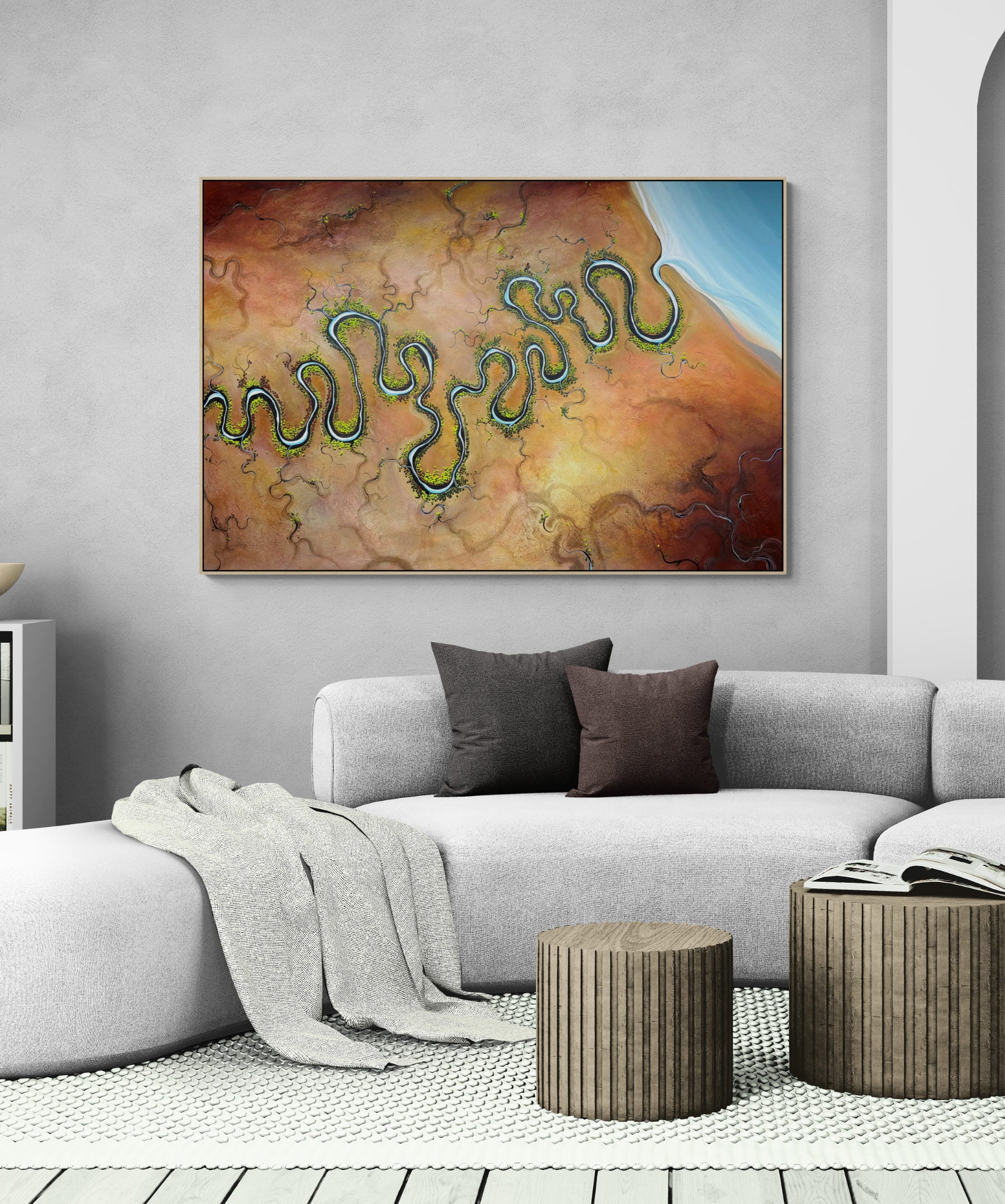 The Shape of Gentle Distance  by Australian artist Tania Chanter, textured, abstract aerial landscape, original, acrylic on canvas, 180x120cm.