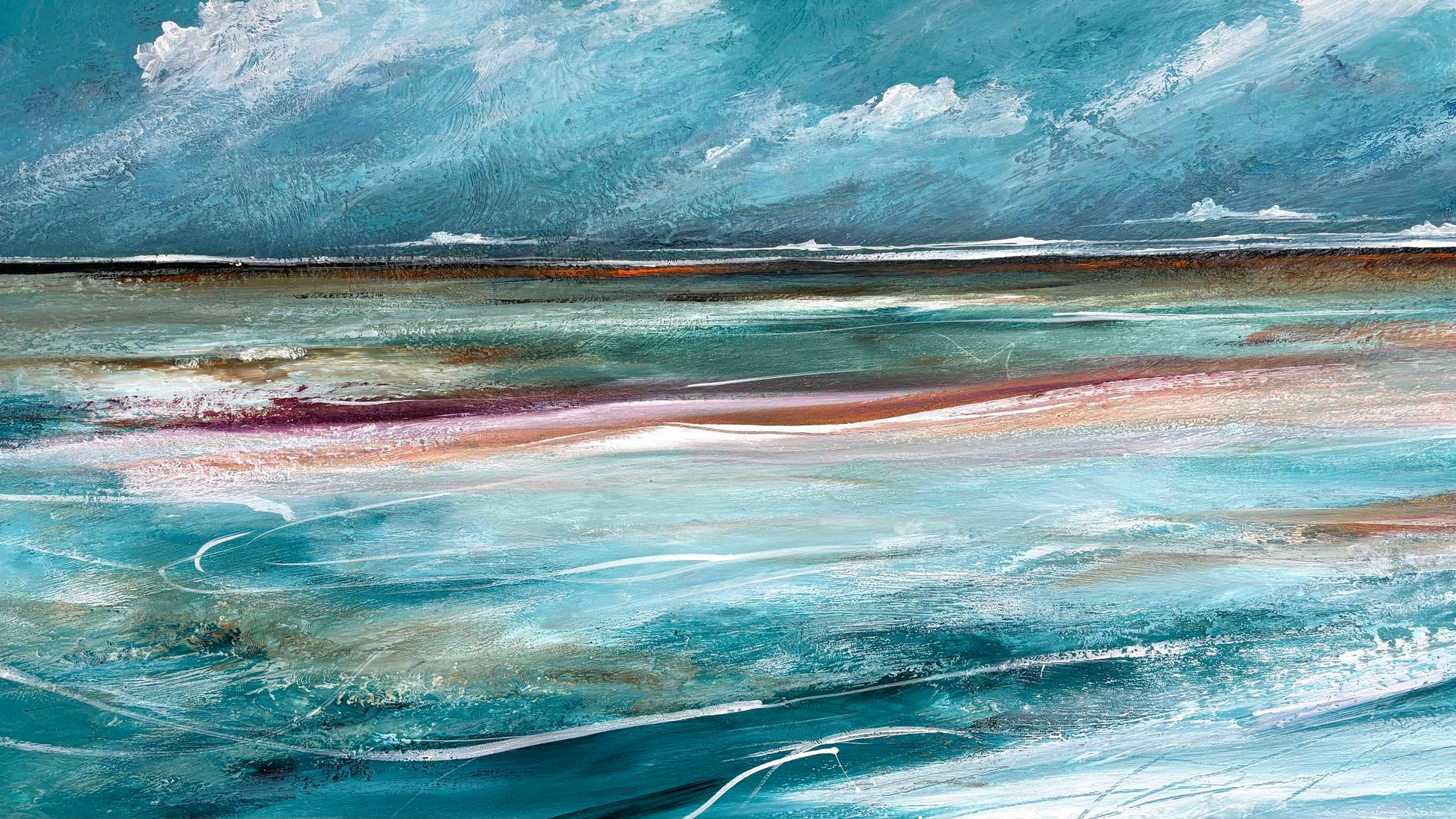 Close up of texture, detail and layers, on The Shore On Tuesday, abstract seascape  by Tania Chanter, 150x100cm, original, acrylic on canvas.