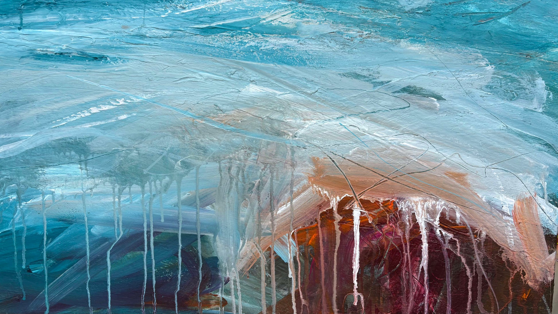 Close up of layers, detail and texture on The Shore On Tuesday, abstract seascape  by Tania Chanter, 150x100cm, original, acrylic on canvas.