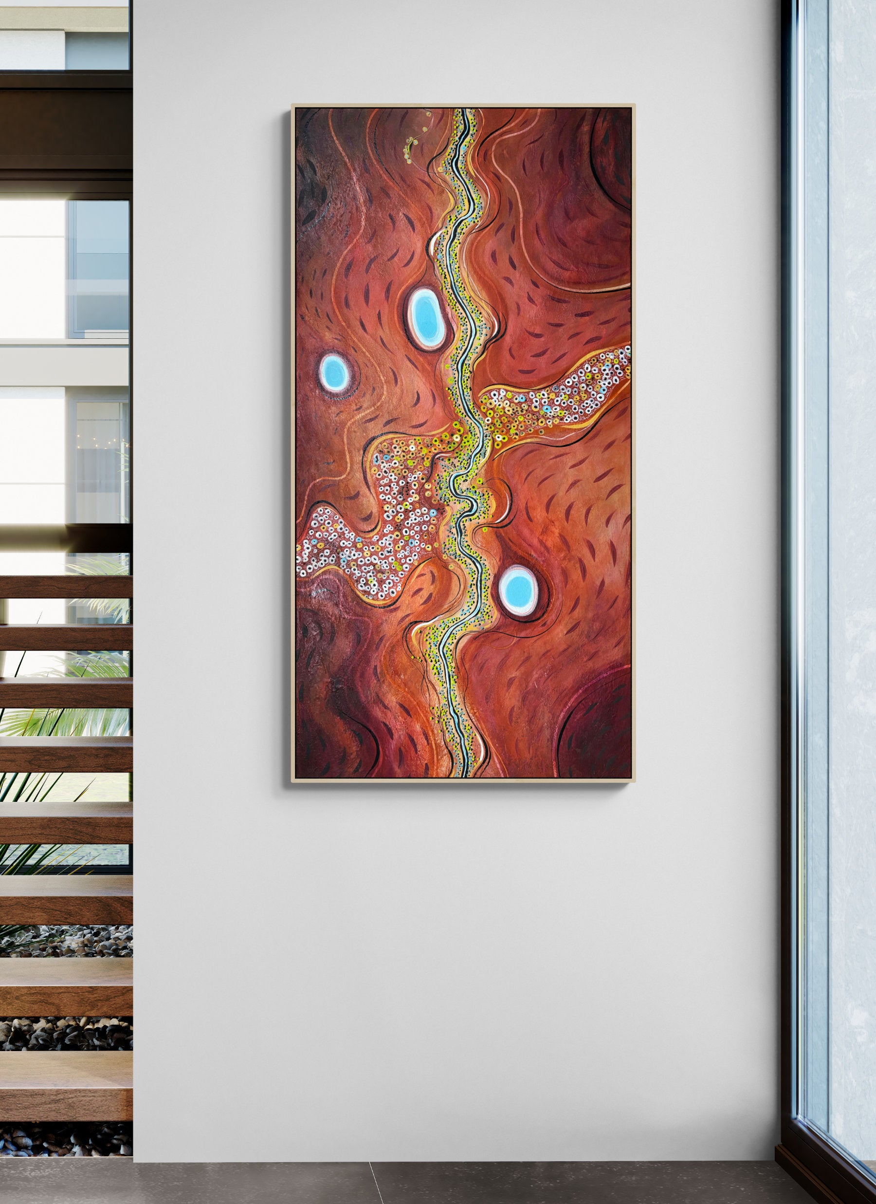 The Thread of Hope by Tania Chanter, textured abstract aerial landscape, 160x80cm, original painting, acrylic on canvas., hanging portrait orientation.