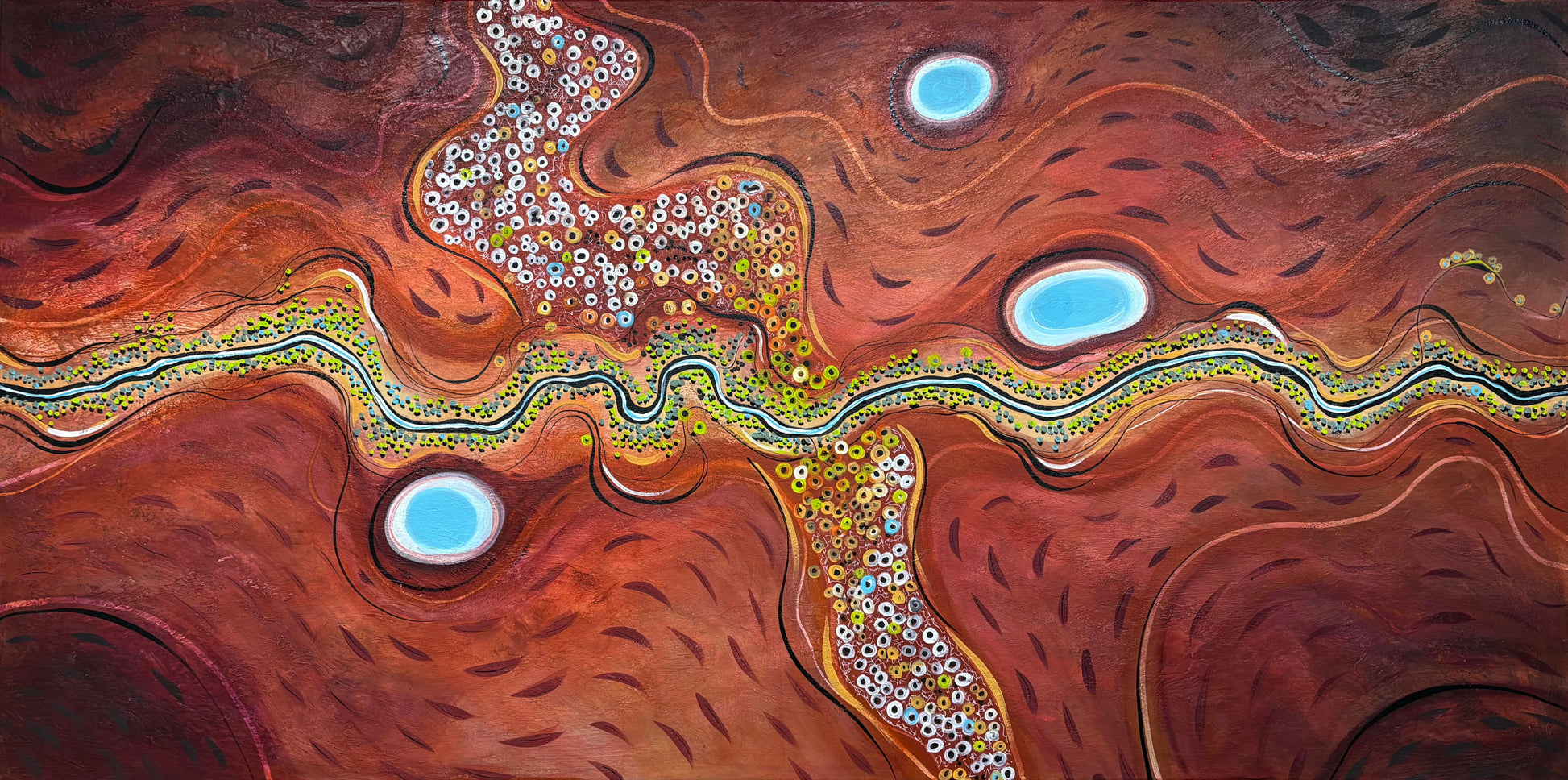 The Thread of Hope by Tania Chanter, textured abstract aerial landscape, 160x80cm, original painting, acrylic on canvas.