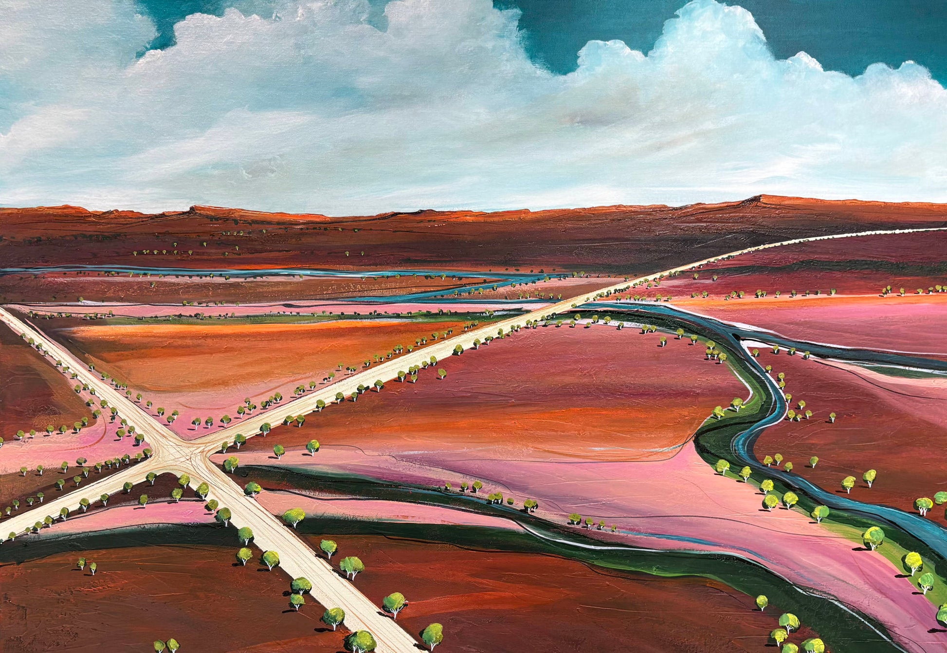 Close up of layers, detail and texture on The Turning Point by Australian artist Tania Chanter, acrylic on canvas, 100x100cm, abstract landscape.