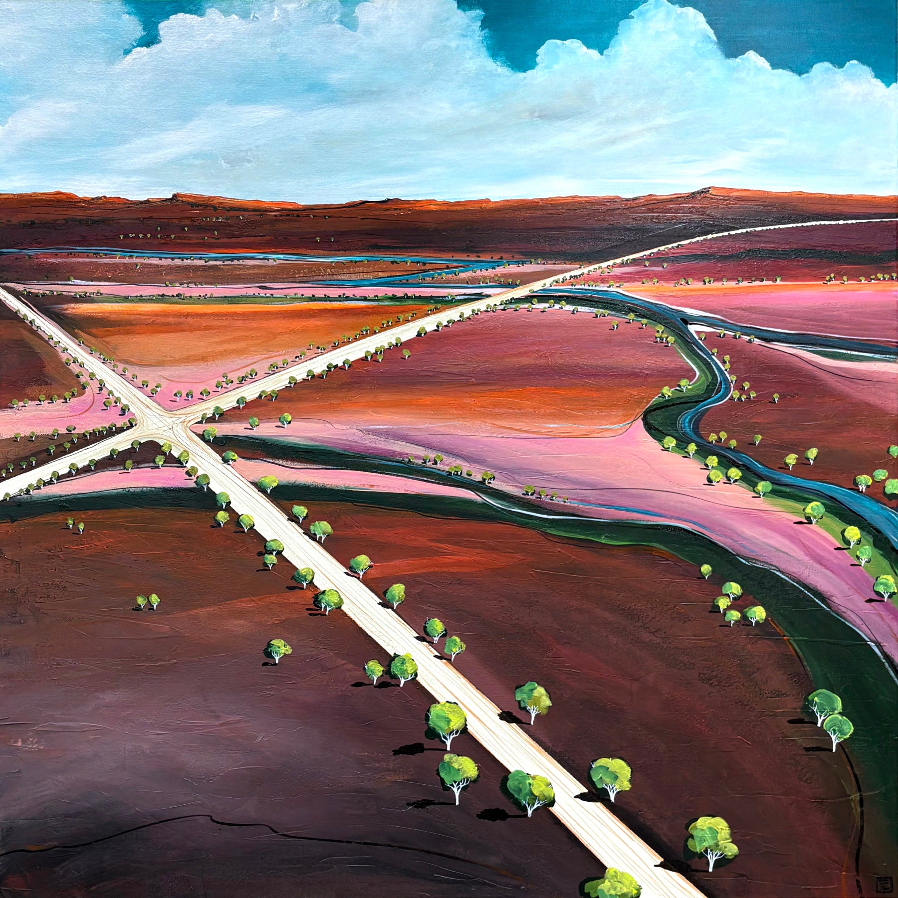 The Turning Point by Australian artist Tania Chanter, acrylic on canvas, 100x100cm, abstract landscape.