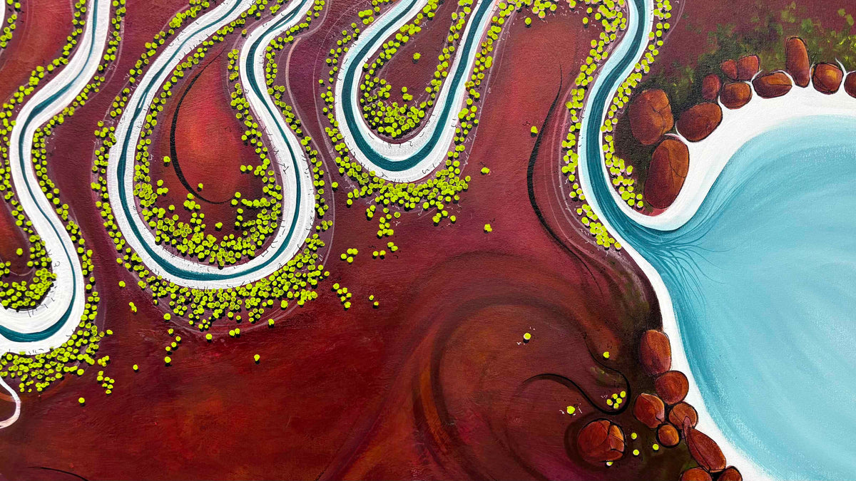Close up of Abstract landscape-style artwork with flowing white and teal winding lines over a deep red field, accented with small yellow-green dots and clusters of brown rounded forms along the right side and bottom edge.