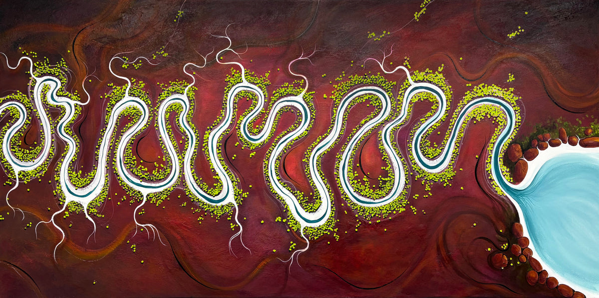 An abstract landscape-style artwork showing a winding bright white river with green-yellow banks on a dark reddish-brown background, with a pale blue body of water at the lower right.