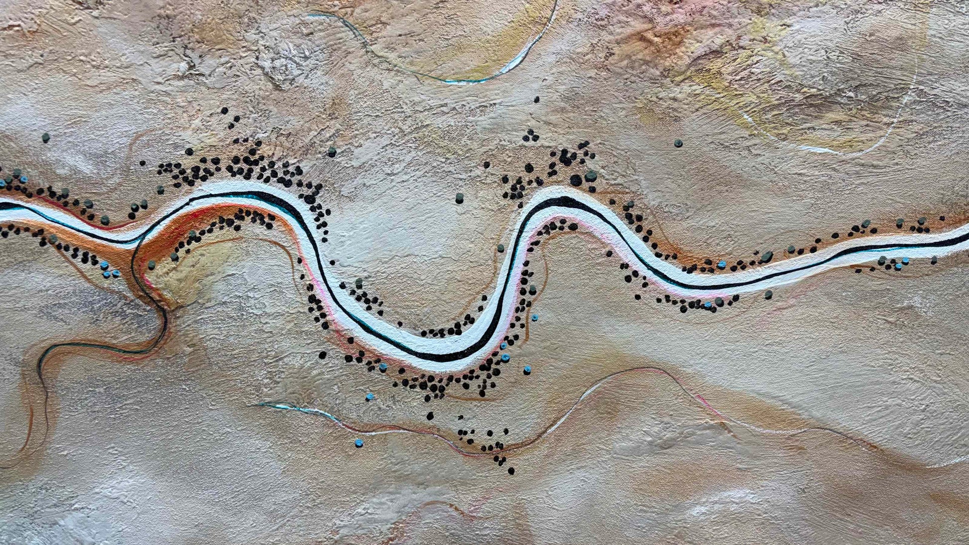 Close up of layers, detail and texture on The World Wakes Kindly by Australian artist Tania Chanter, 160x70cm, acrylic on canvas, textured, abstract aerial landscape.