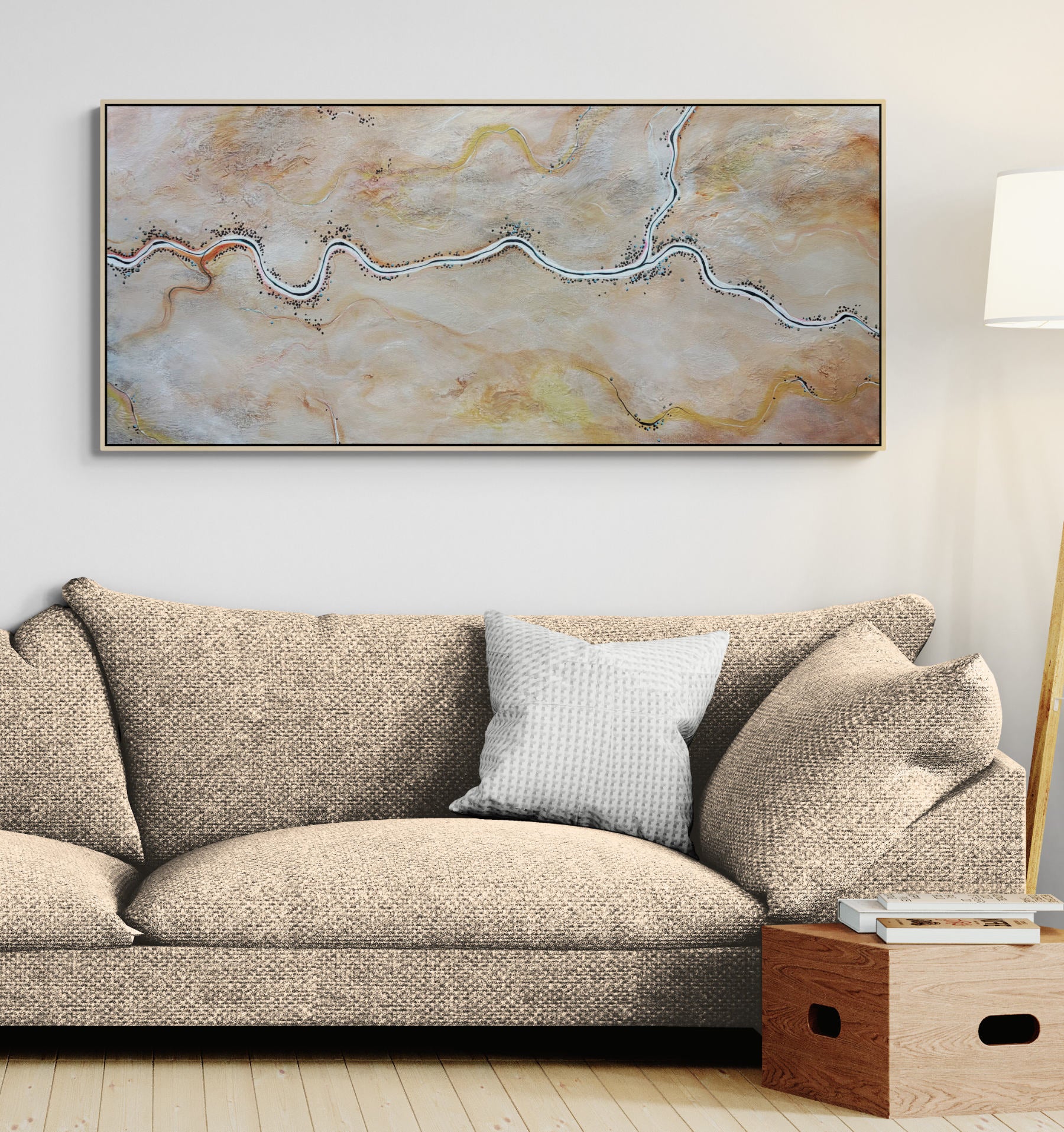 The World Wakes Kindly by Australian artist Tania Chanter, 160x70cm, acrylic on canvas, textured, abstract aerial landscape.