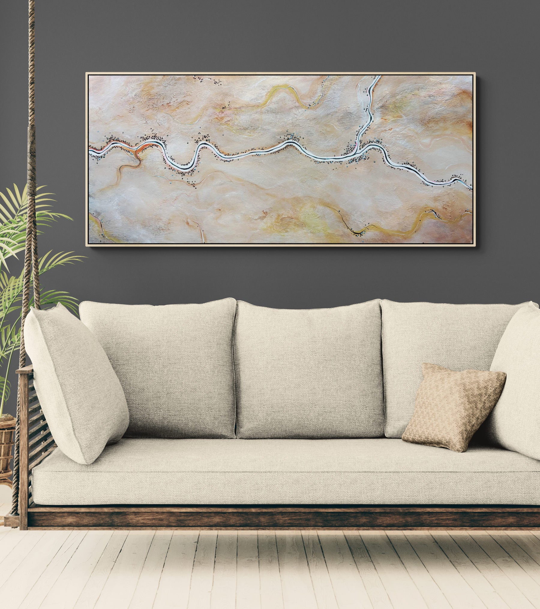 The World Wakes Kindly by Australian artist Tania Chanter, 160x70cm, acrylic on canvas, textured, abstract aerial landscape.