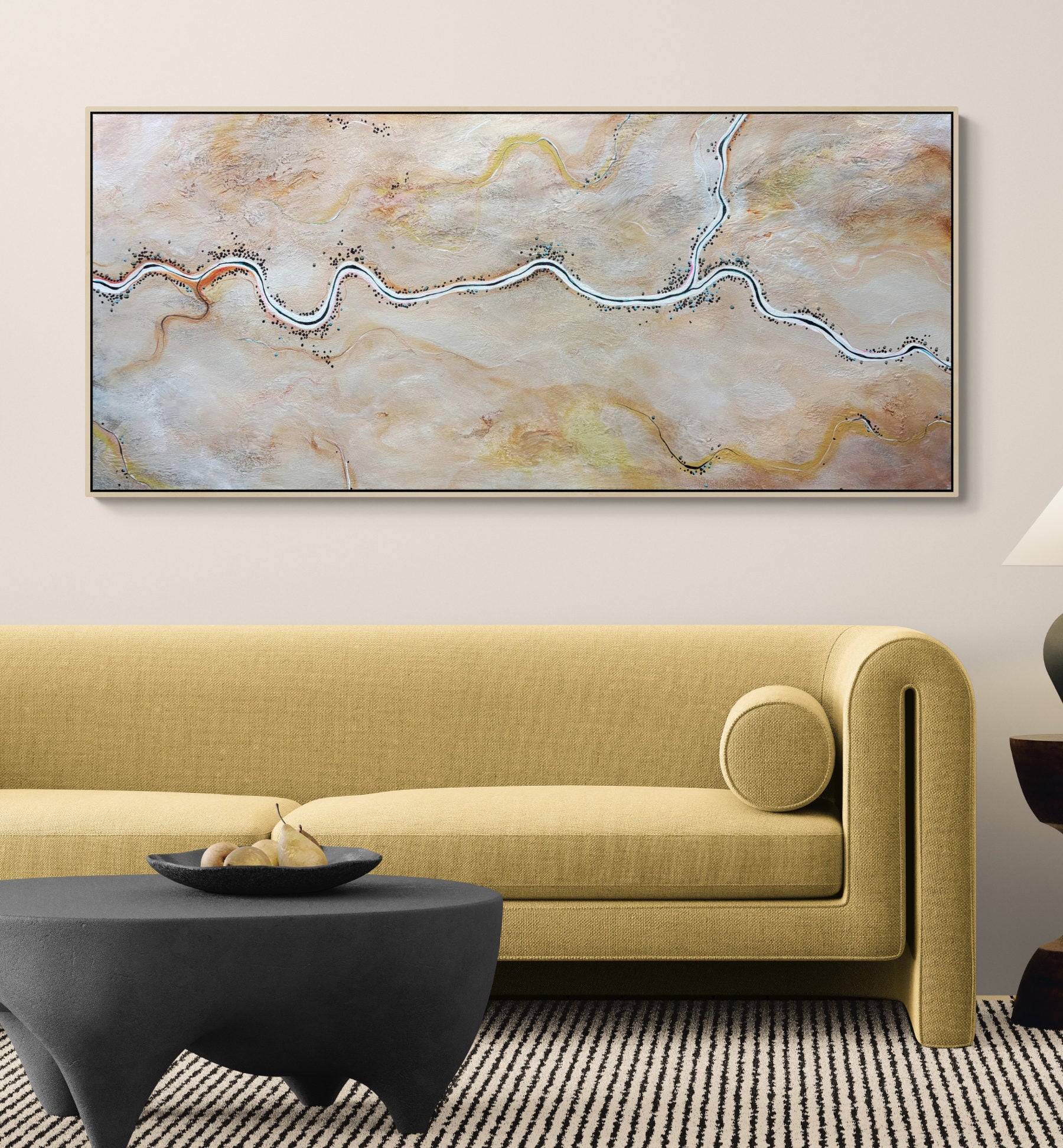 The World Wakes Kindly by Australian artist Tania Chanter, 160x70cm, acrylic on canvas, textured, abstract aerial landscape.