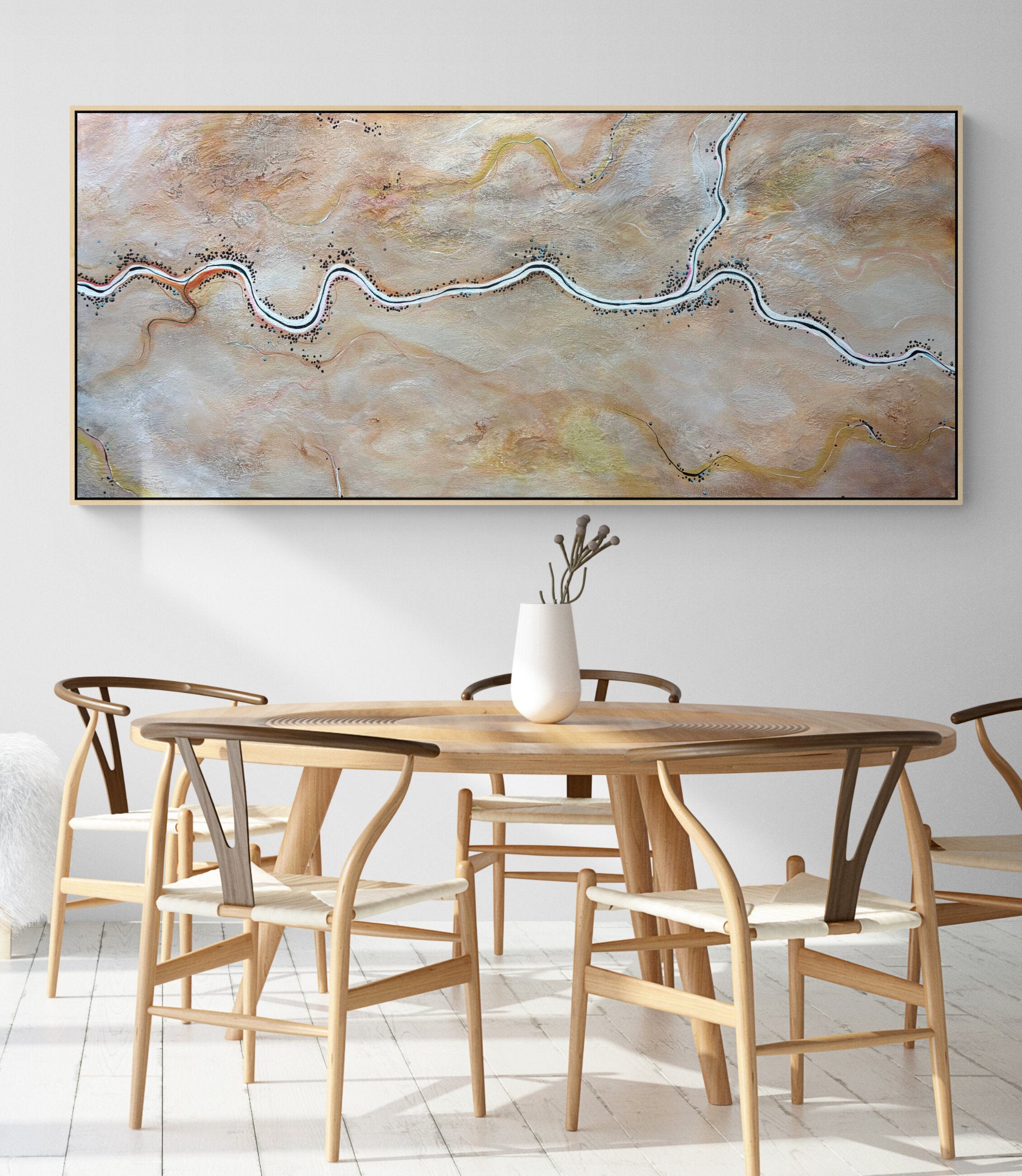 The World Wakes Kindly by Australian artist Tania Chanter, 160x70cm, acrylic on canvas, textured, abstract aerial landscape.