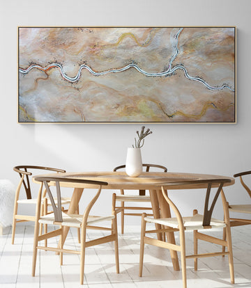 The World Wakes Kindly by Australian artist Tania Chanter, 160x70cm, acrylic on canvas, textured, abstract aerial landscape.