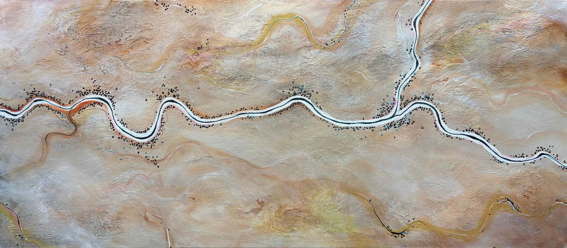 The World Wakes Kindly by Australian artist Tania Chanter, 160x70cm, acrylic on canvas, textured, abstract aerial landscape.