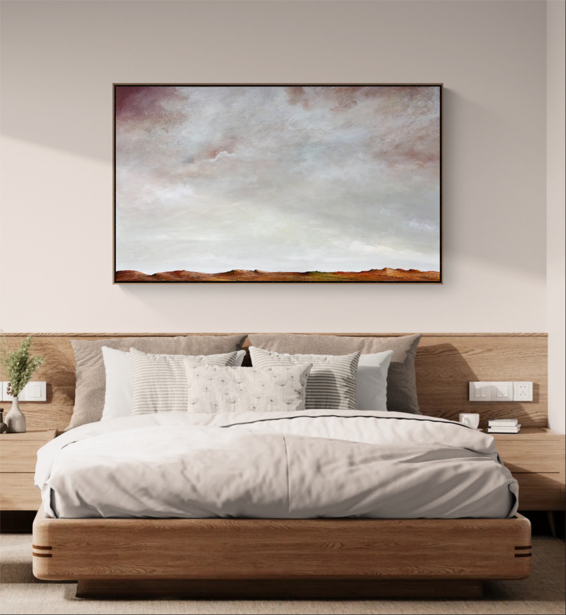 Abstract blue and white cloudscape painting titled The Light of Summer, featuring soft textured skies and a glowing summer landscape beneath.