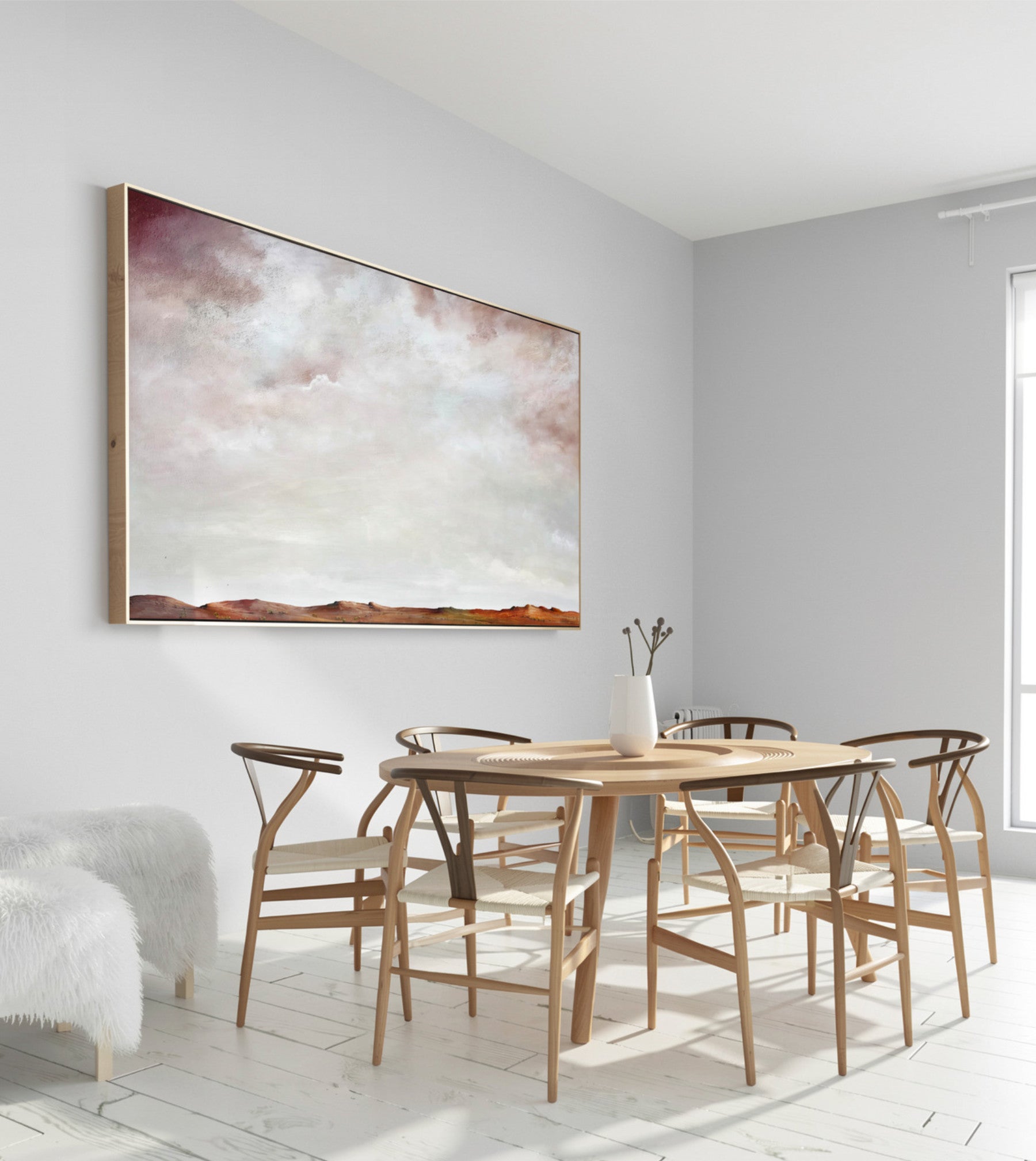The Light of Summer abstract landscape artwork displayed in a solid timber natural floating frame.
