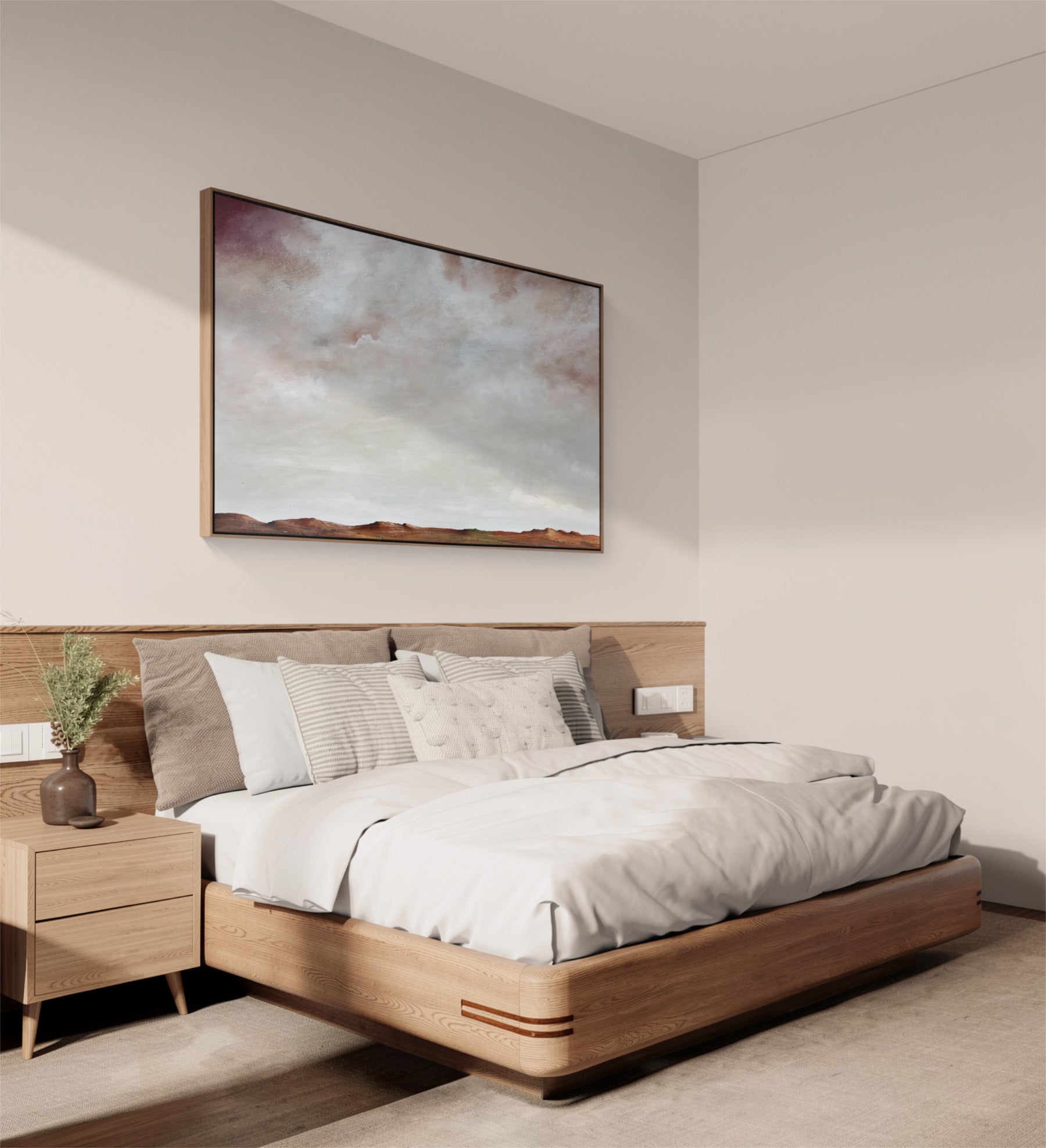 The Light of Summer abstract landscape artwork displayed in a solid timber natural floating frame.
