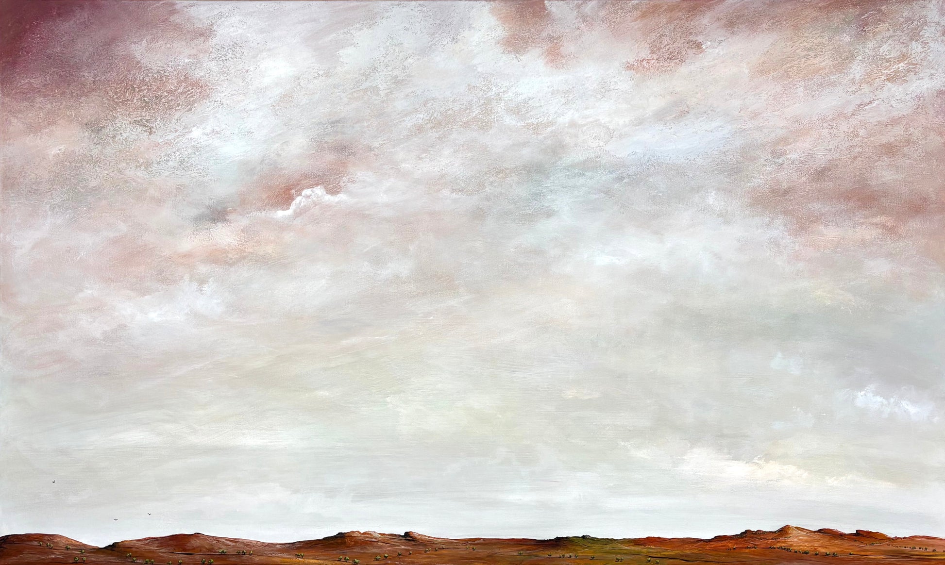 Abstract blue and white cloudscape painting titled The Light of Summer, featuring soft textured skies and a glowing summer landscape beneath.
