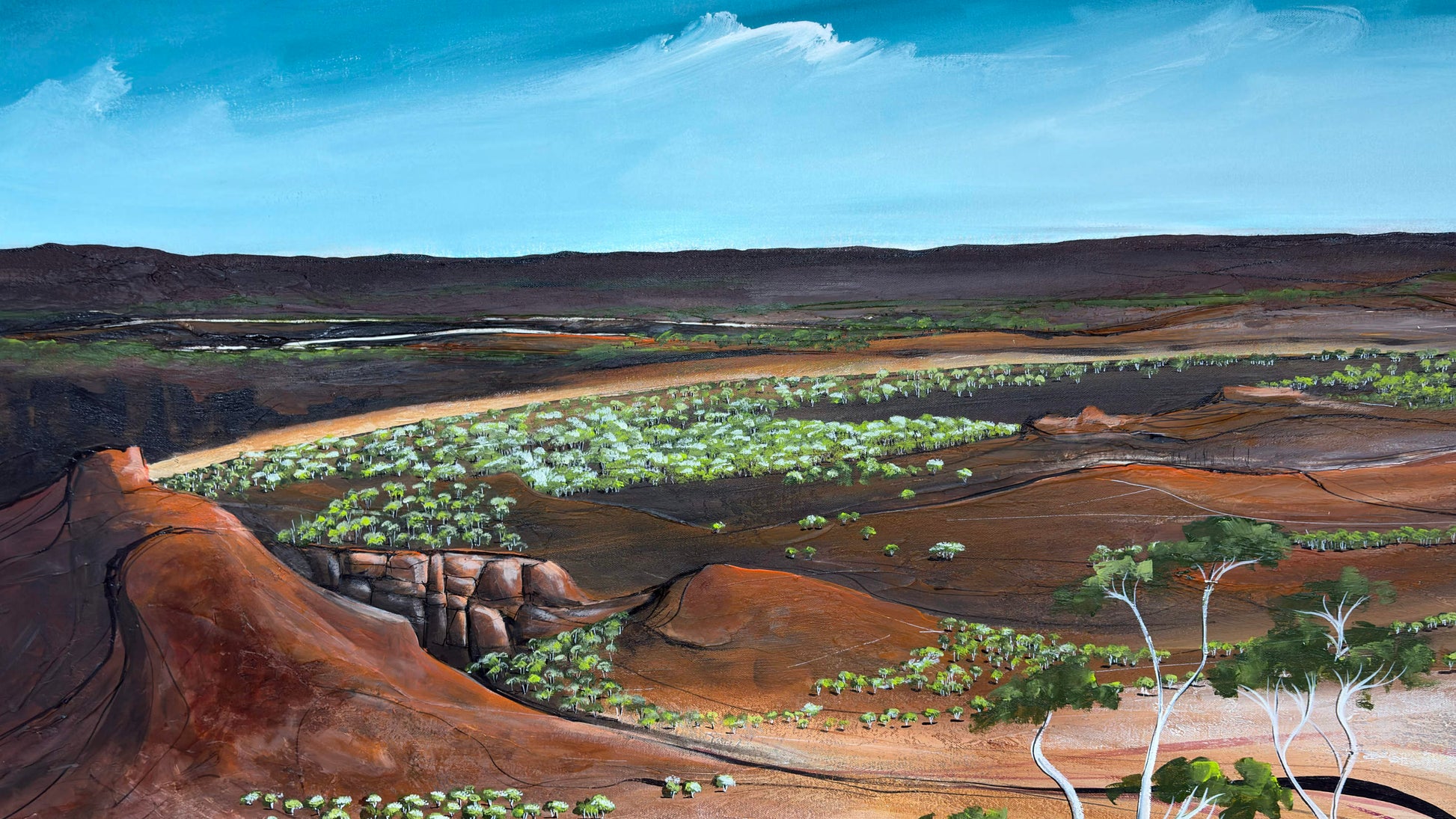Close up of layers, detail and texture on Three Forgotten Memories by Australian artist Tania Chanter, original, one-off, acrylic on canvas, 90x120cm textured abstract landscape. 
