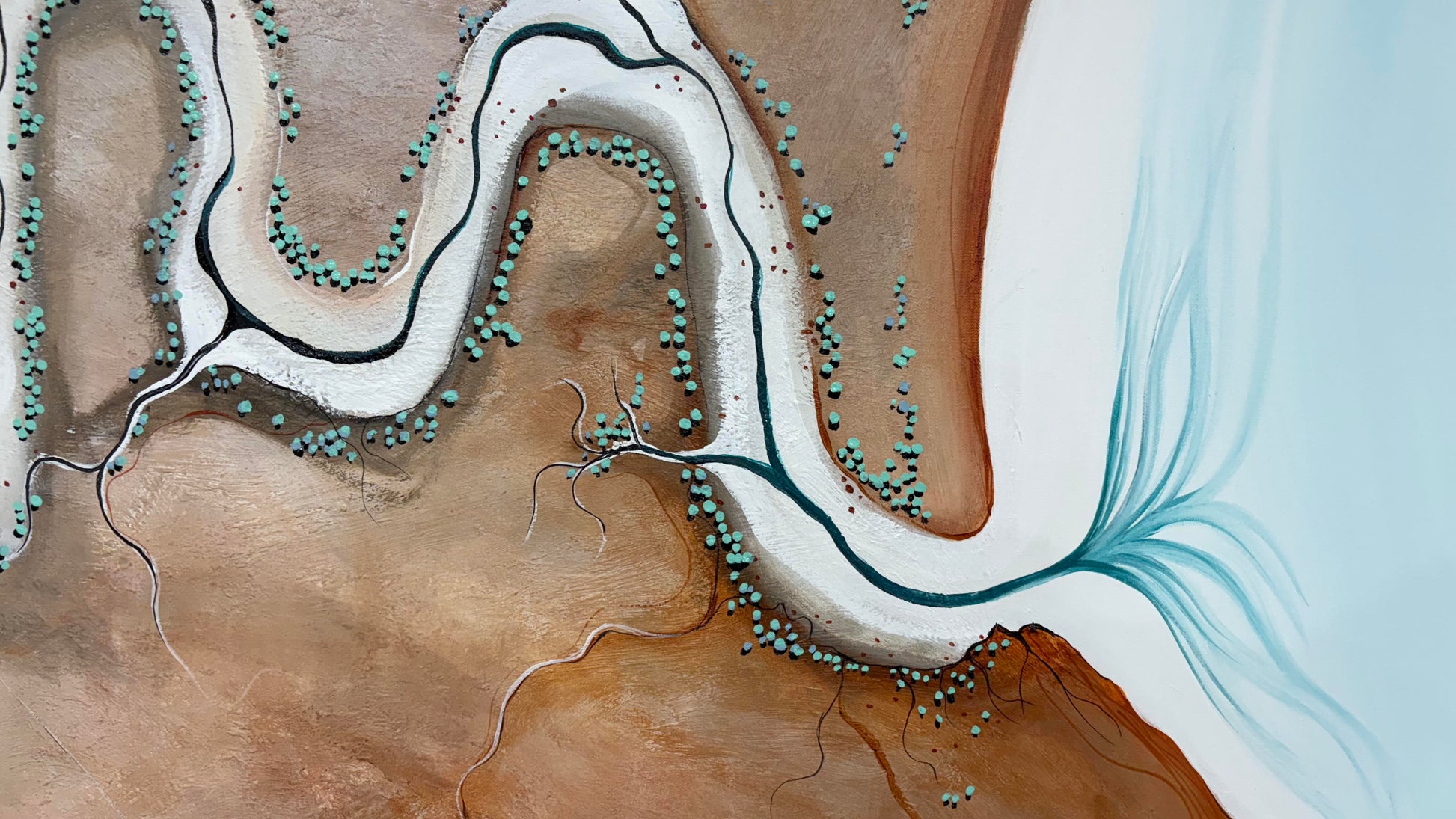Close up of layers, detail and texture on Through Rusted Light by Australian artist Tania Chanter, original art, acrylic on canvas, 180x120cm