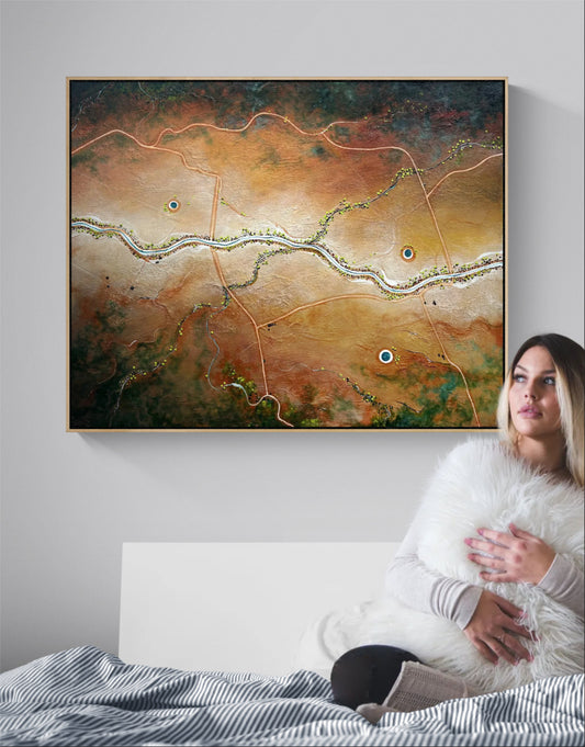 Through The Heart of the land by Australian artist Tania Chanter, acrylic on canvas, original, one of a kind, framed, textured abstract aerial landscape.
