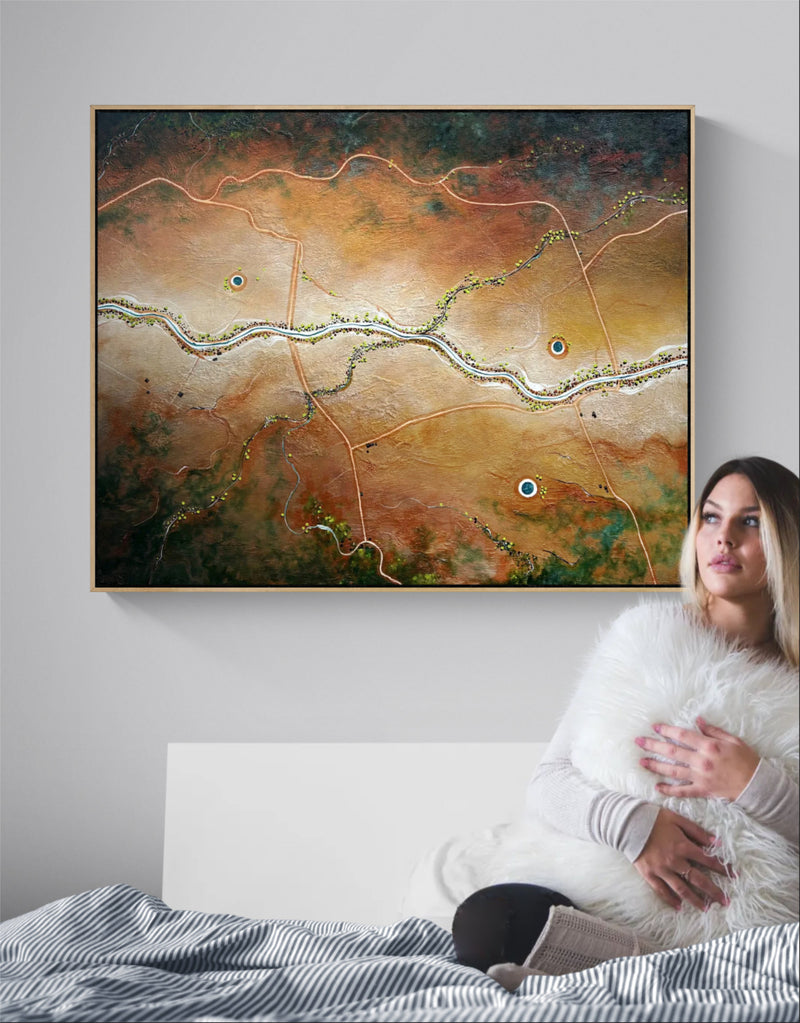 Through The Heart of the land by Australian artist Tania Chanter, acrylic on canvas, original, one of a kind, framed, textured abstract aerial landscape.
