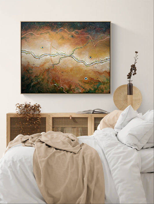 Through The Heart of the land by Australian artist Tania Chanter, acrylic on canvas, original, one of a kind, framed, textured abstract aerial landscape. 105x85cm

