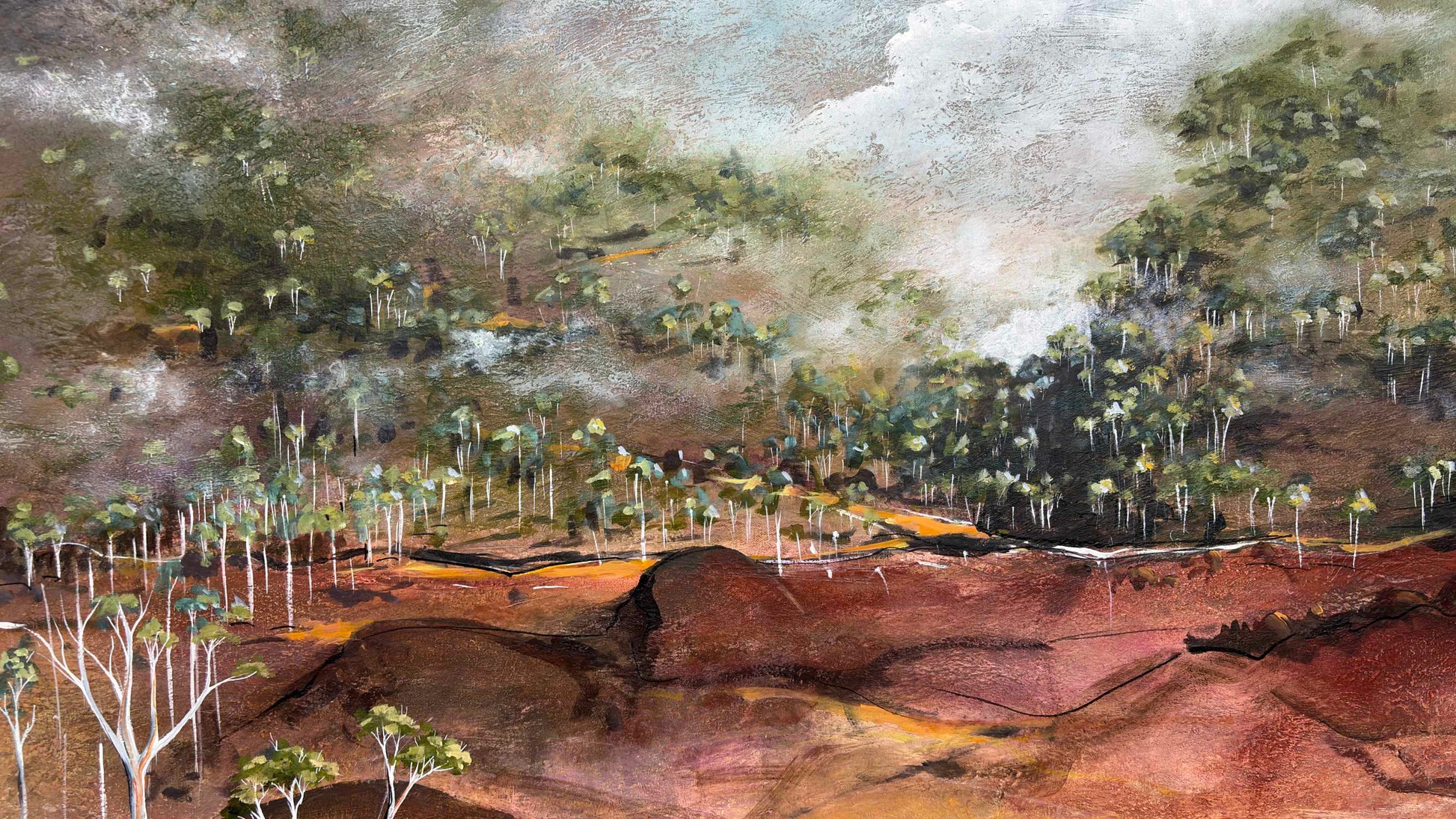 Close up of layers, detail and texture on Veil Of The Quiet Woods by Australian artist Tania Chanter, 180x90cm, original, abstract landscape, acrylic on canvas.