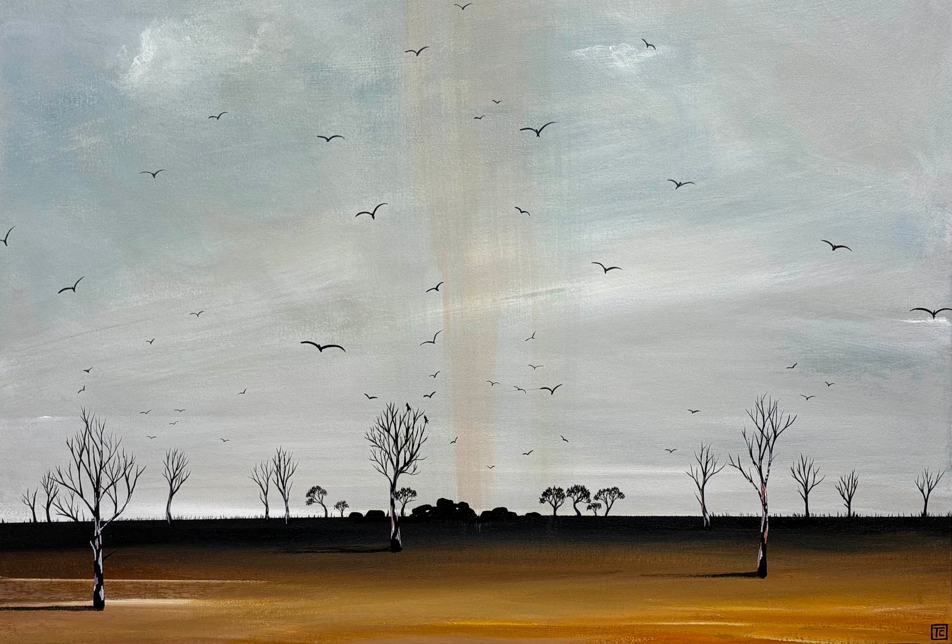 Close-up detail of Where Dreams Fall showing birds, rocks and trees