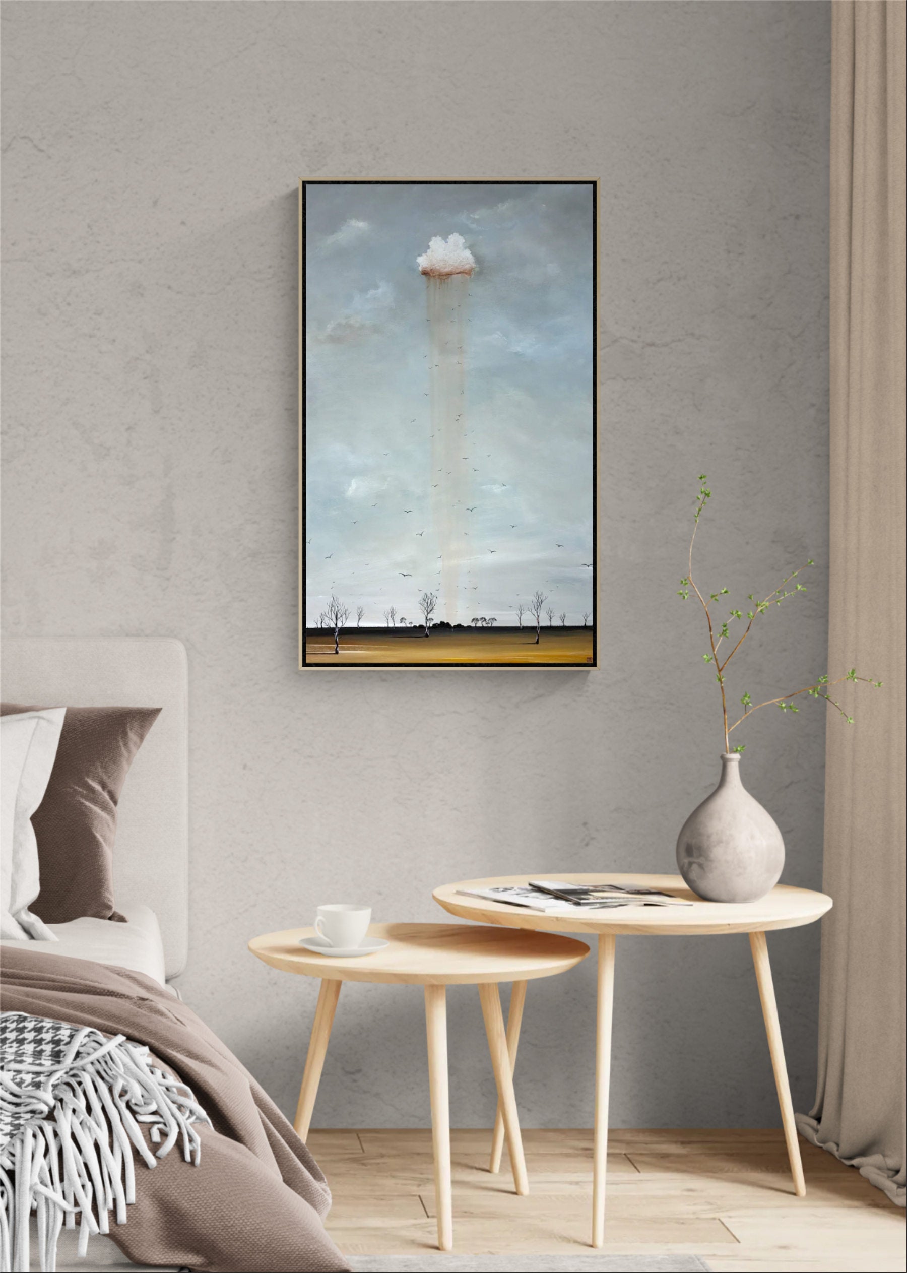 Where Dreams Fall original acrylic landscape painting in a natural timber floating frame
