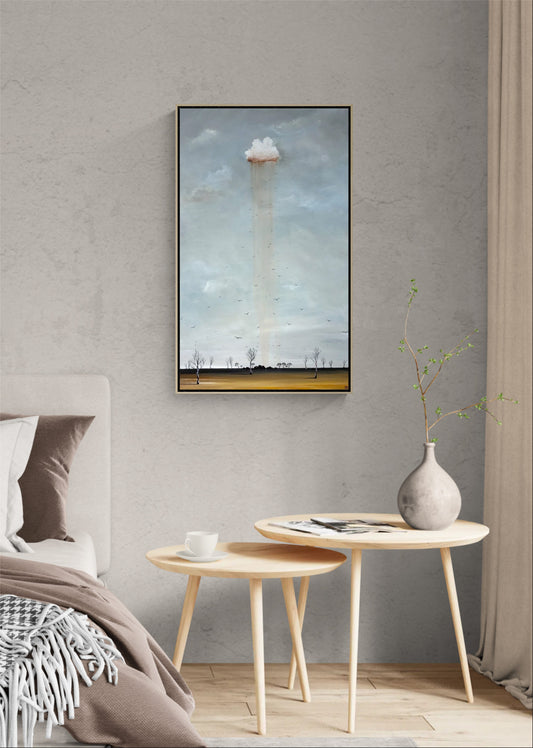 Where Dreams Fall original acrylic landscape painting in a natural timber floating frame
