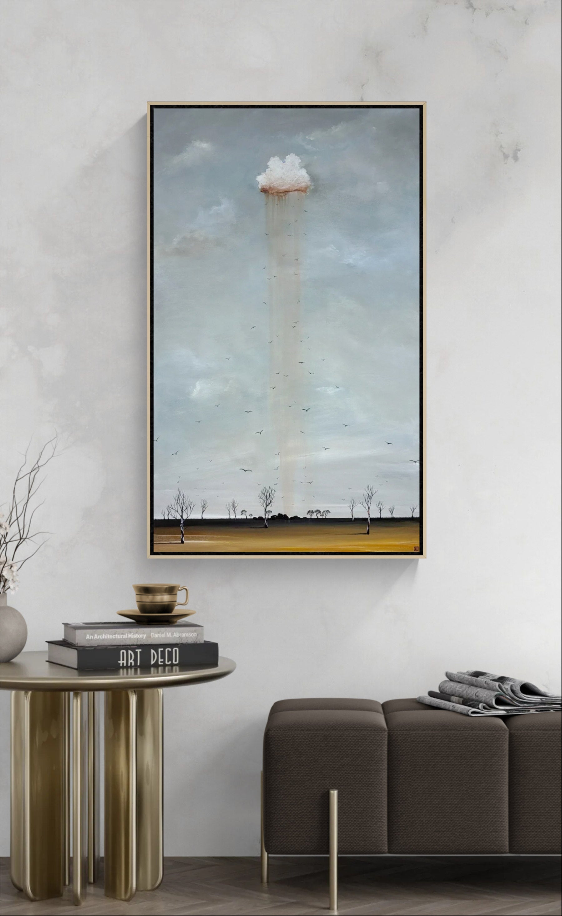 Where Dreams Fall abstract landscape artwork displayed in a contemporary interior
