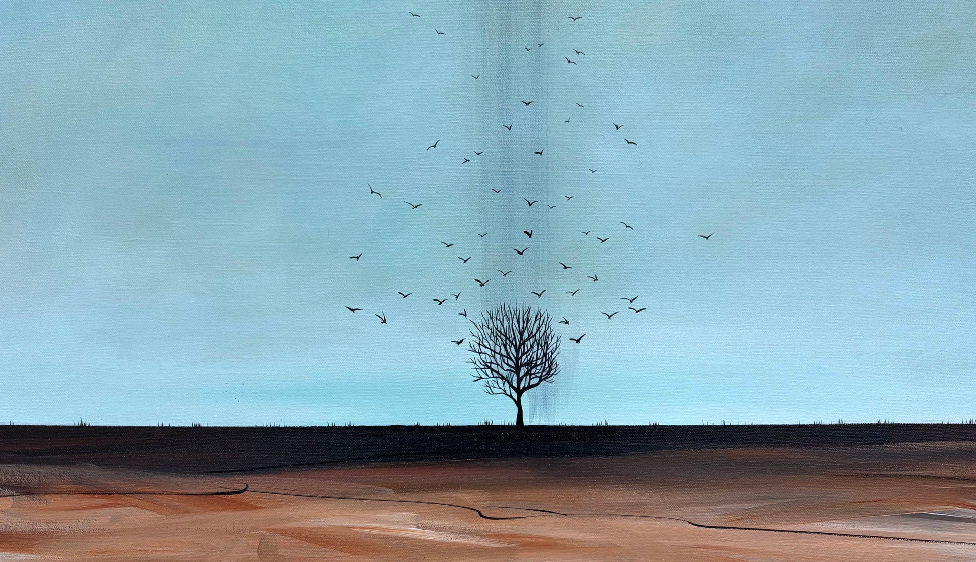 A surreal landscape artwork showing a single leafless tree on a dark horizon, with a flock of birds rising from its branches into a pale blue sky above a brown field.