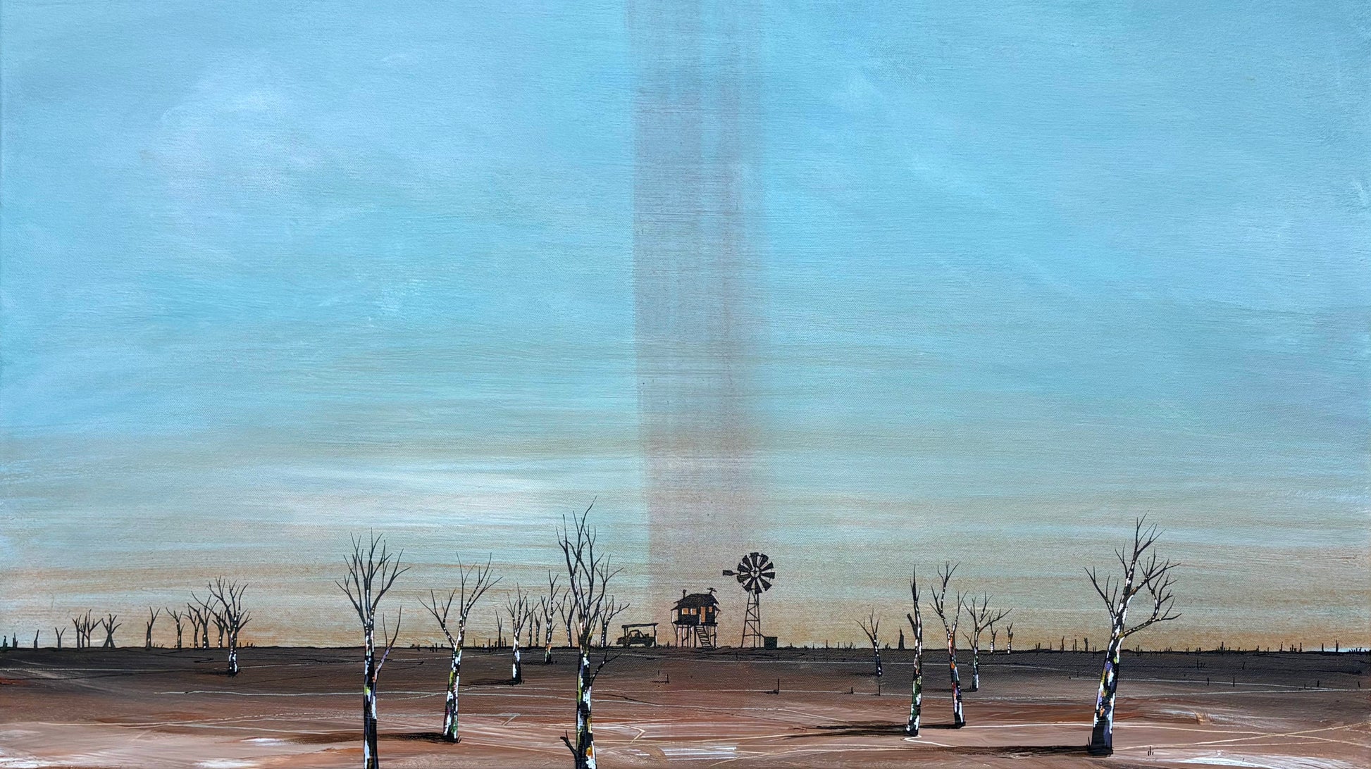 Close up of layers, detail and texture on Where Hope Falls by Australian artist Tania Chanter, 80x100cm, acrylic on canvas, textured abstract Australiana landscape.