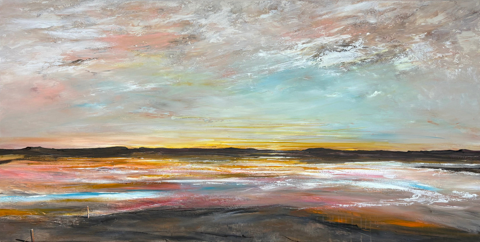 Where Hope Rests Gently by Australian artist Tania Chanter, 180x90cm, original one-of-a-kind, acrylic on canvas, textured abstract seascape.